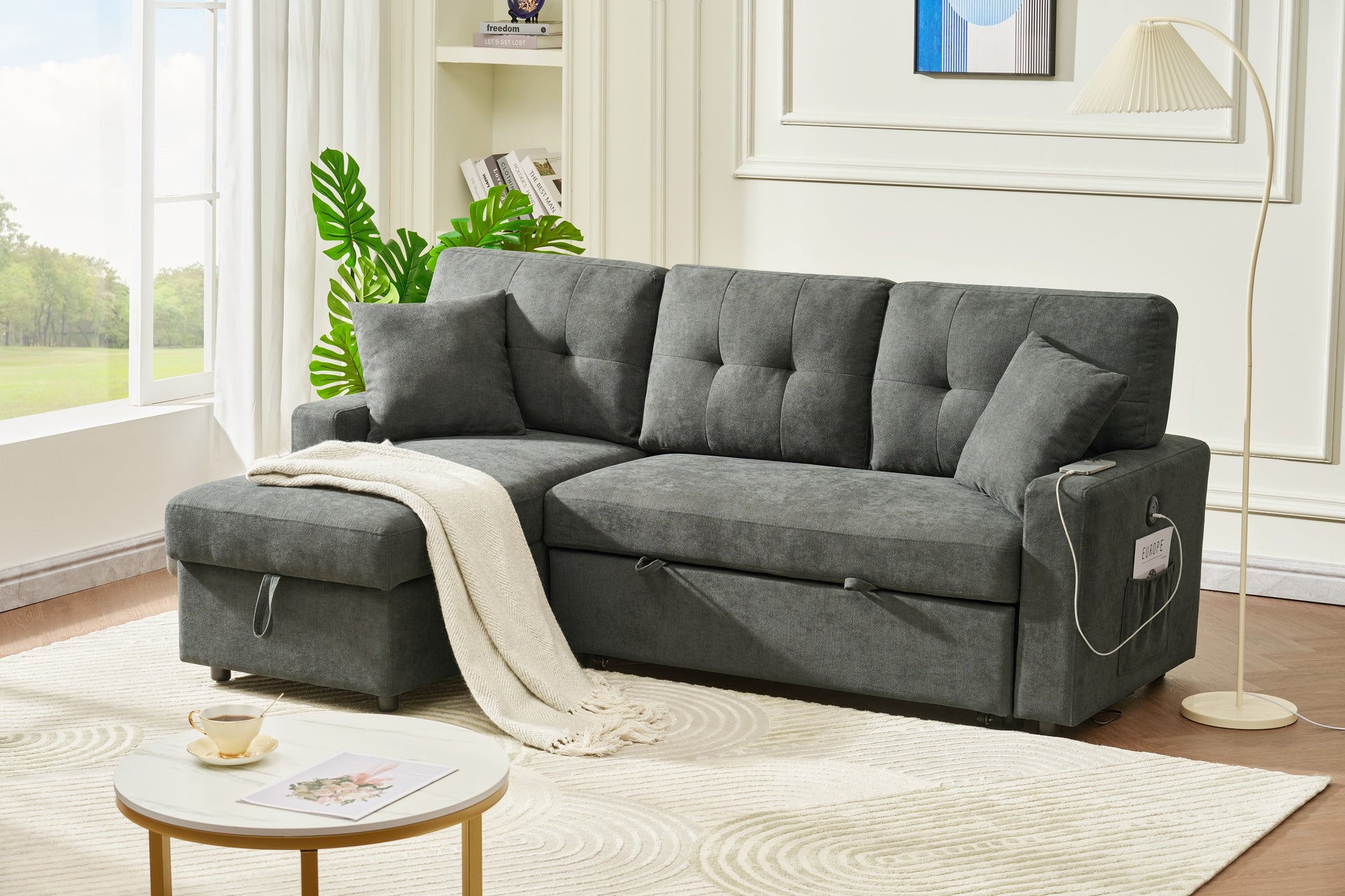 Sectional Sofa Bed L Shaped Sofa Couch Bed With Usb Port, Reversible Sofa Couch Sleeper With Pull Out Bed, Chaise With Storage, Pull Out Couch For Living Room Dark Gray Wood Fabric 3 Seat
