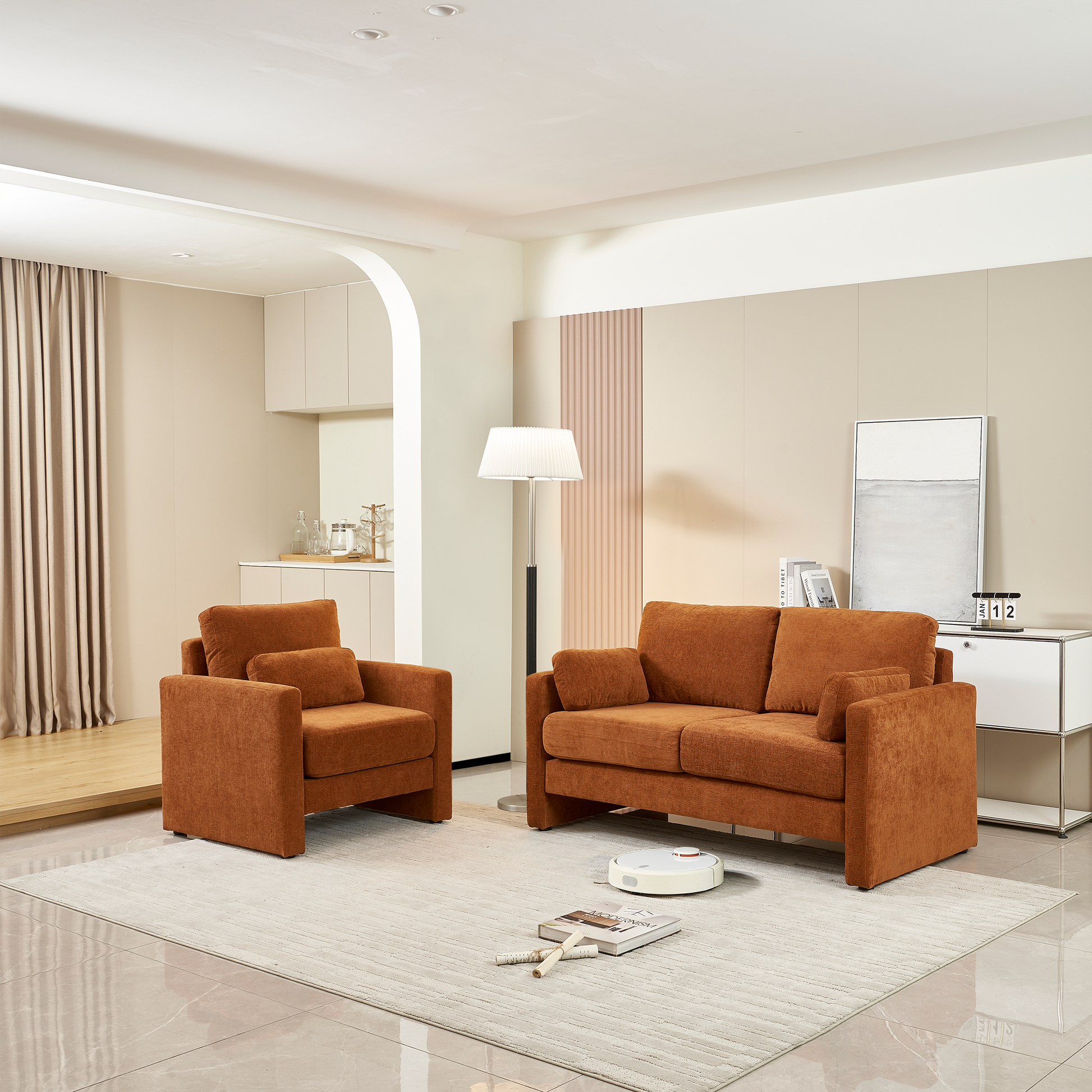 58.66" Small Modern Loveseat Sofa, Mid Century Chenille Fabric 2 Seat Couch Beautiful Seat With Back Cushions, Accent Sofa Couch For Living Room, Bedroom And Small Space Orange Wood Foam Chenille 2 Seat