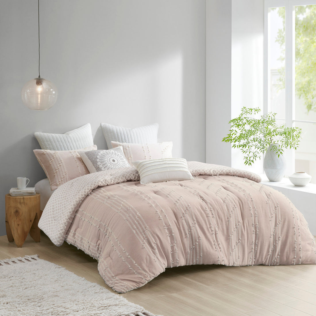 3 Piece Cotton Jacquard Comforter Set Blush Full Queen Queen Blush Cotton