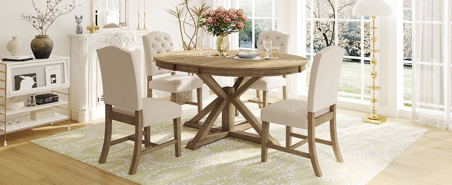 Functional Furniture Retro Style Dining Table Set With Extendable Table And 4 Upholstered Chairs For Dining Room And Living Room Natural Wood Wash Natural Wood Wash Solid Wood