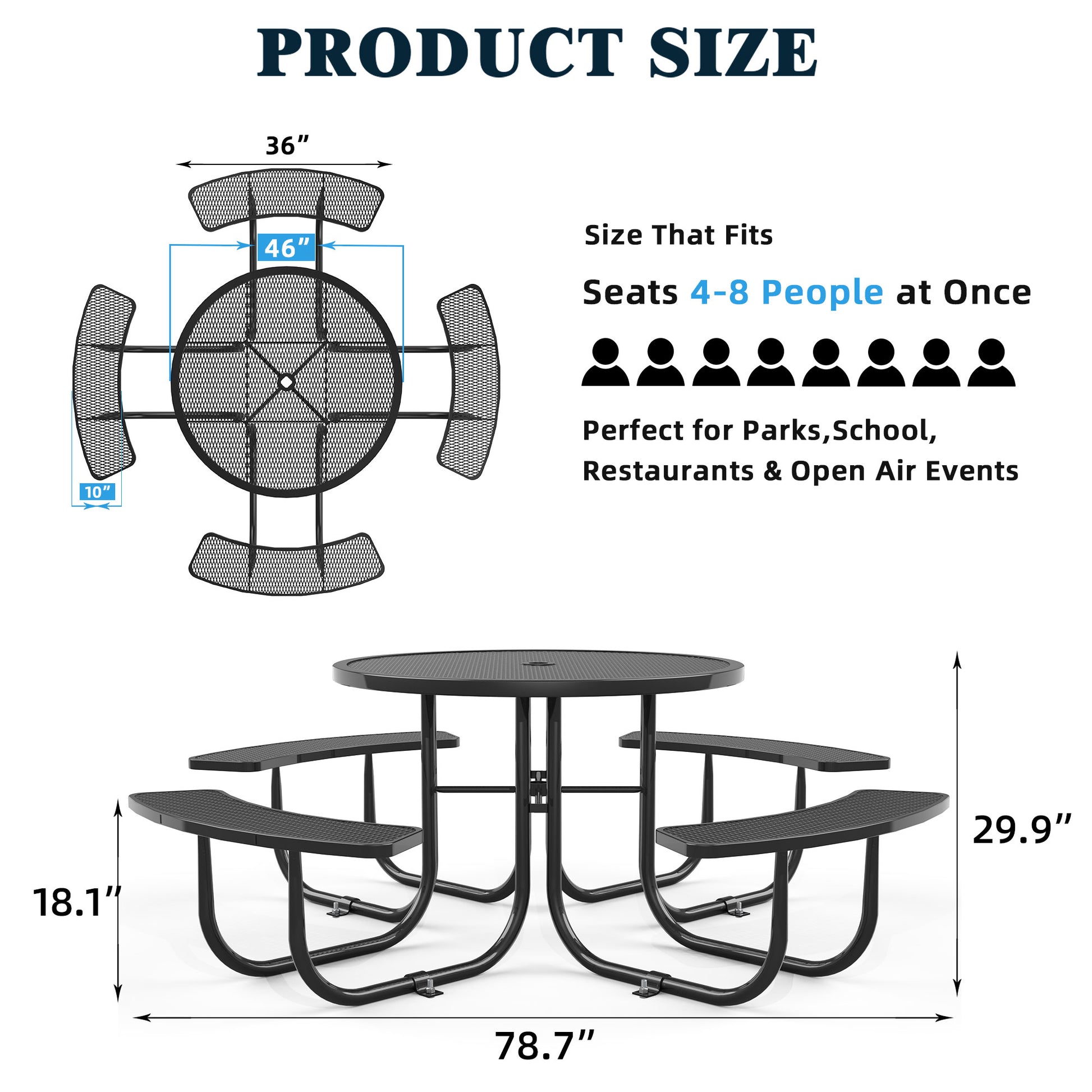 Round Outdoor Steel Picnic Table 46" Blue ,With Umbrella Pole,Black Black Steel Steel