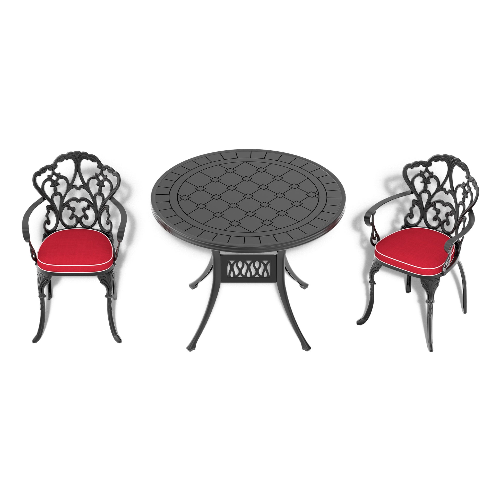 Cushions In Random Colors 3 Piece Set Of Cast Aluminum Patio Furniture With Cushions Yes Dining Set Black Seats 2 Rust Resistant Frame Water Resistant Cushion Garden & Outdoor Complete Patio Sets Aluminium