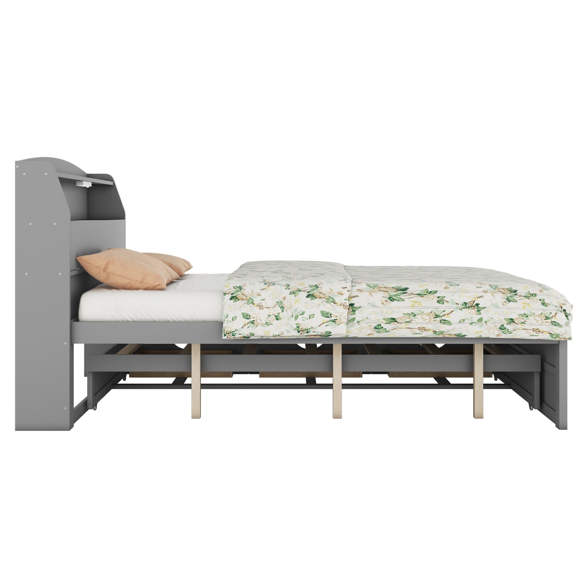 Full Size Wooden Led Platform Bed With Trundle, With Storage Headboard, With Drawers, Gray Full Gray Plywood