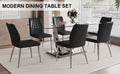 Table And Chair Set.Contemporary, Minimalist Rectangular Dining Table Featuring A Clear Tempered Glass Top And Sleek Silver Legs. Paried With Chairs Made Of Pu Material Cushion And Silver Metal Legs. Black Seats 6 Glass Metal