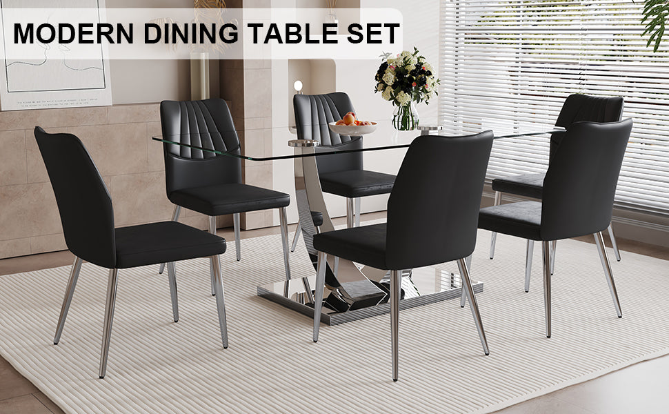 Table And Chair Set.Contemporary, Minimalist Rectangular Dining Table Featuring A Clear Tempered Glass Top And Sleek Silver Legs. Paried With Chairs Made Of Pu Material Cushion And Silver Metal Legs. Black Seats 6 Glass Metal