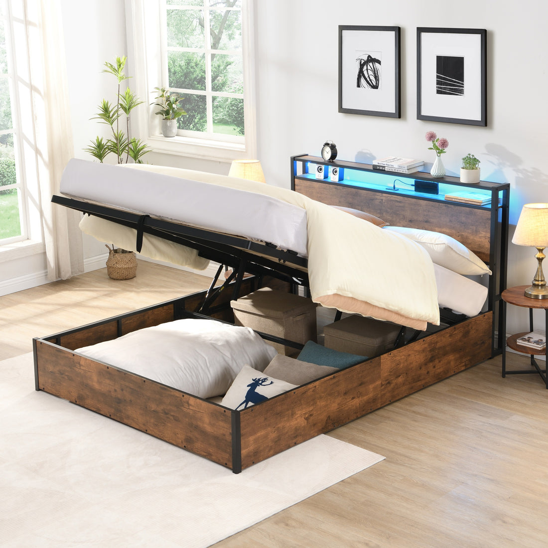 Lift Up Storage Bed Frame, Full Size Bed Frame With Bookcase Headboard & Led Lights, Wooden Platform Bed Frame With Charging Station, No Spring Box Needed, Rustic Brown Box Spring Not Required Full Rustic Brown Metal Brown Bedroom Industrial Bed Frame