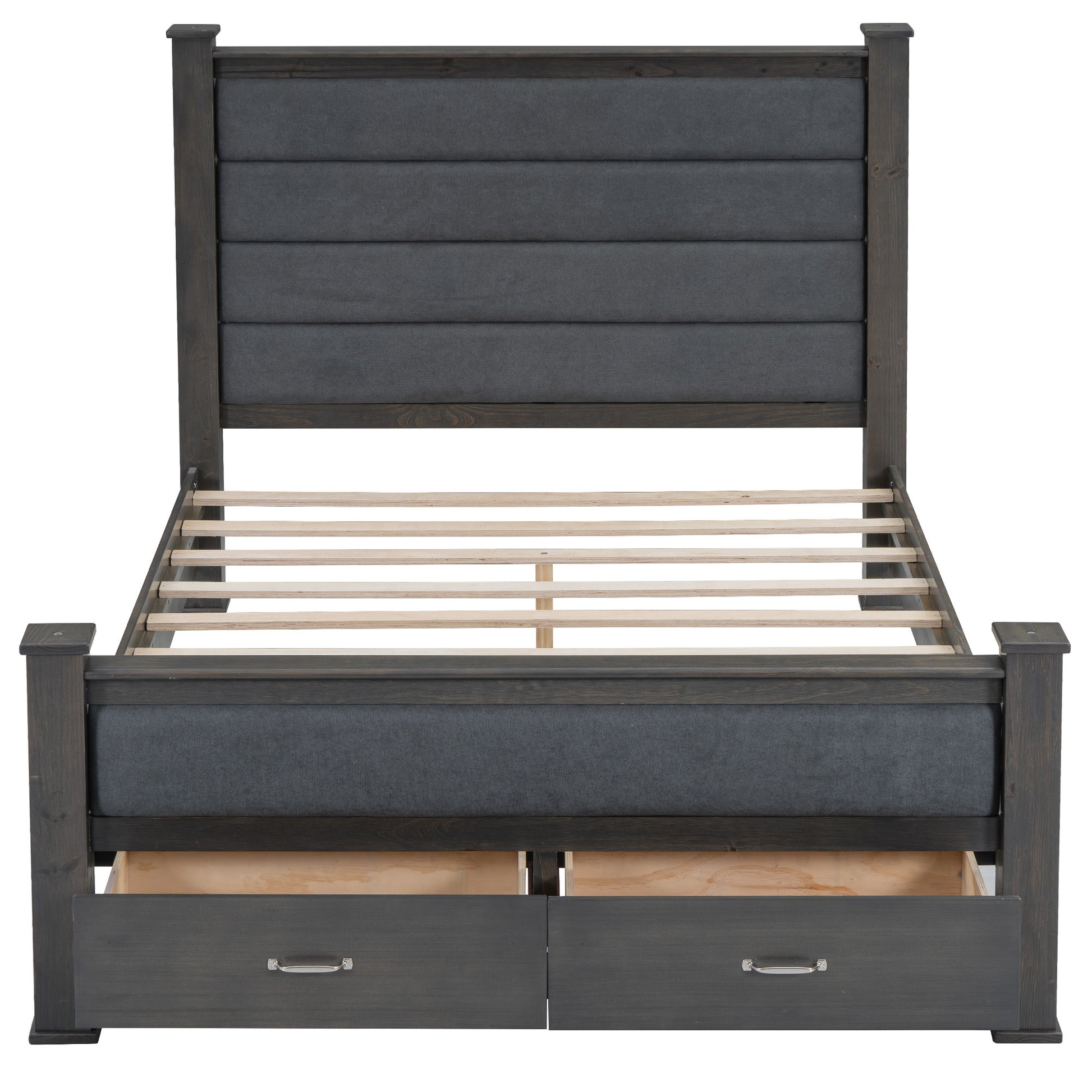 Queen Size Wood Frame Platform Bed With Upholstered Headboard, Footboard And 2 Drawers, Antique Gray Box Spring Not Required Queen Antique Gray Wood Bed Frame Solid Wood Mdf