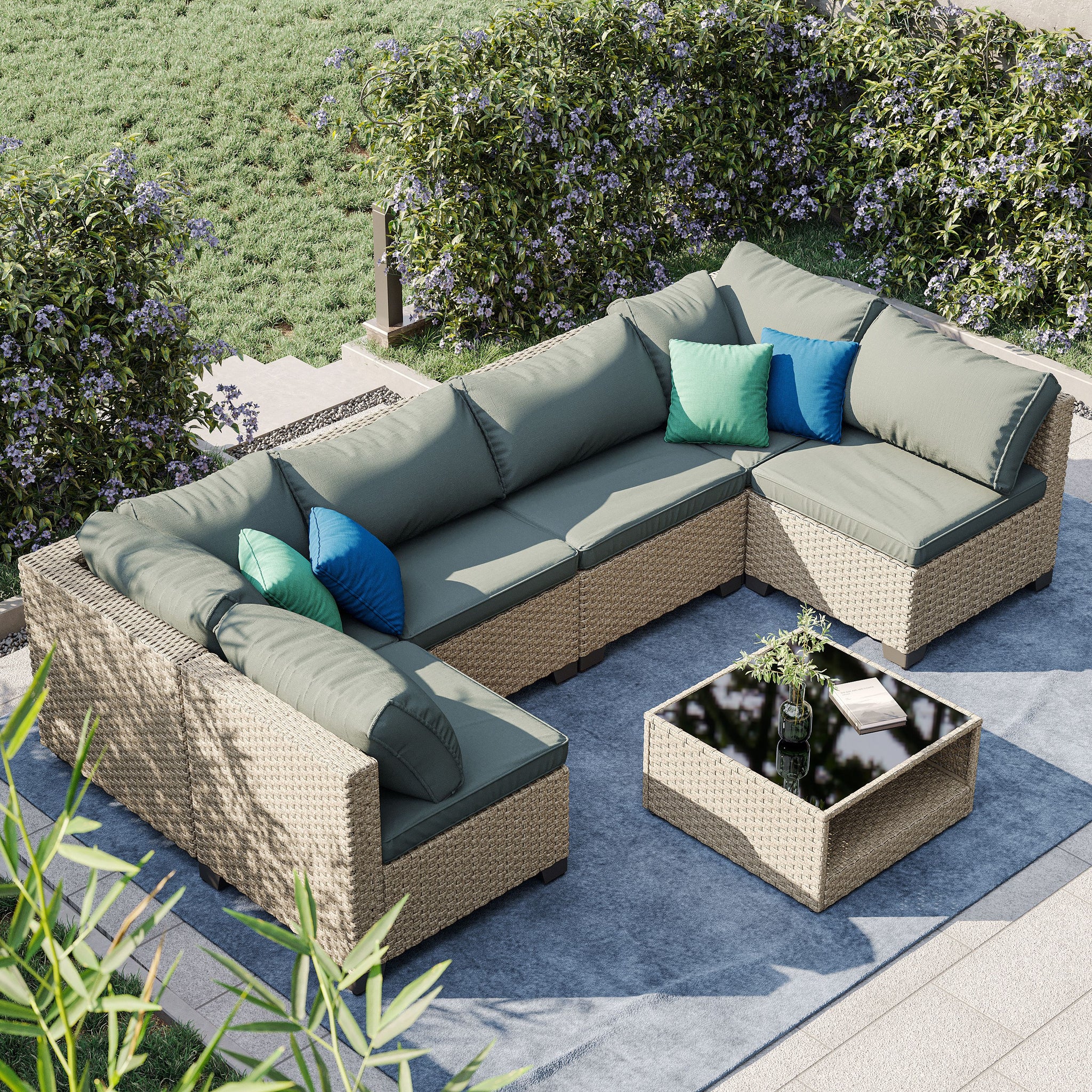 7 Piece Patio Furniture Set, All Weather Boho Outdoor Conversation Set Sectional Sofa With Water Resistant Grey Thick Cushions Beige Grey Metal