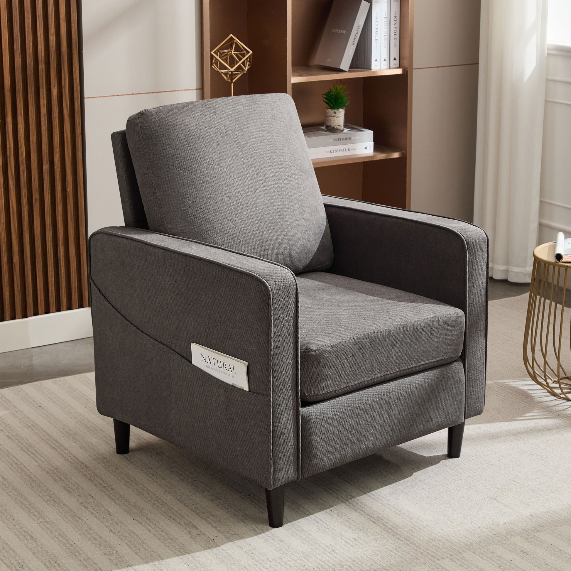 Mid Century Accent Chair ,Modern Linen Fabric Armchair For Living Room,Double Side Pockets, Comfortable And Padded Reading Feature Sofa Chair, Suitable For Bedrooms, Living Rooms, And Offices Dark Grey Linen