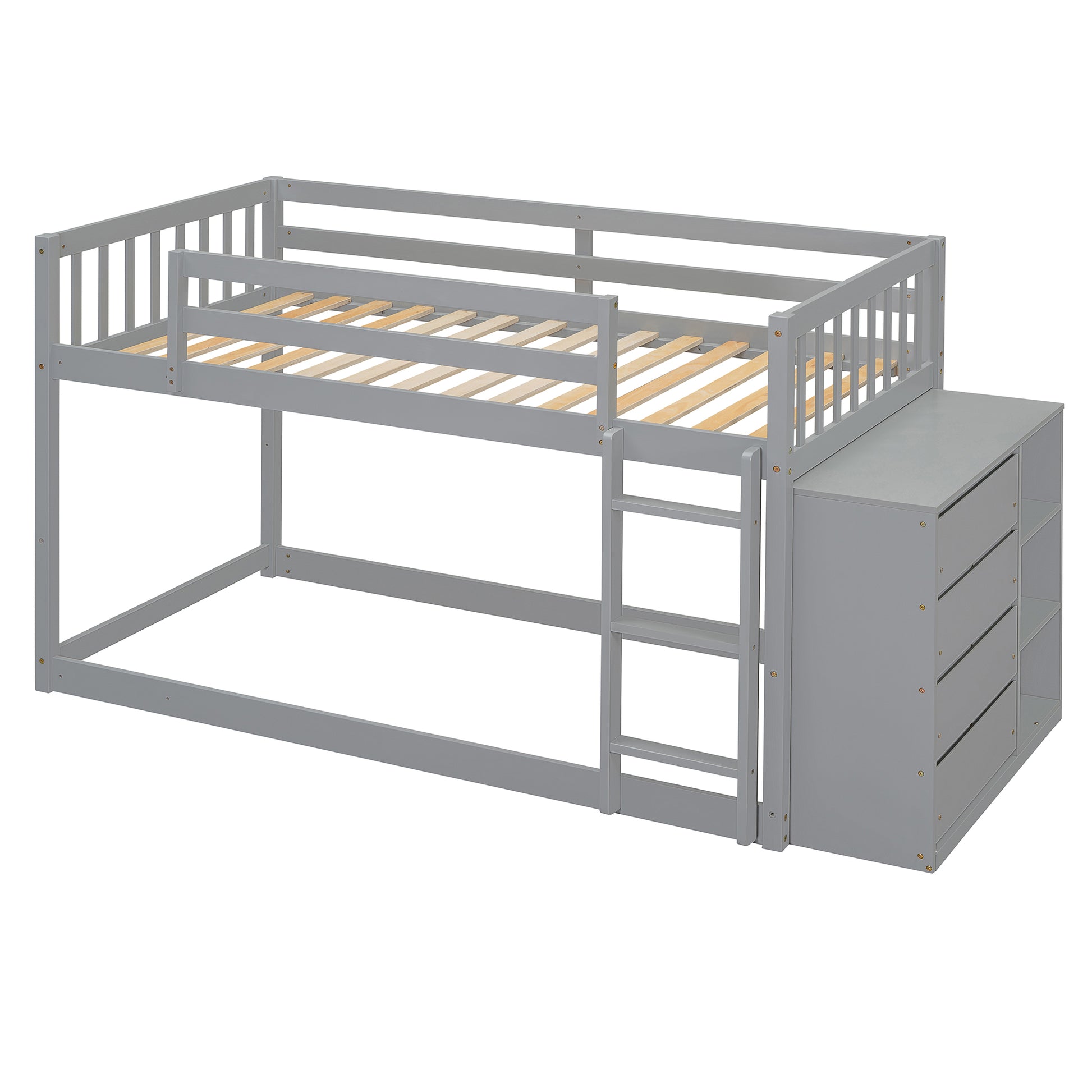 Twin Over Twin Bunk Bed With 4 Drawers And 3 Shelves Gray Twin Gray Solid Wood