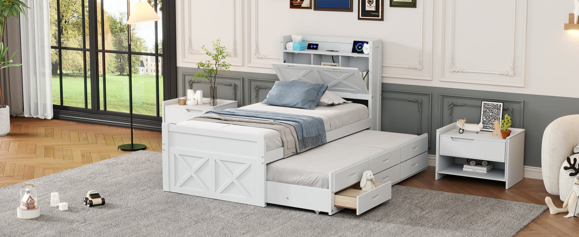 Twin Size Wooden Bed With Storage Headboard With Outlets, Extendable Bed With Twin Size Trundle With Three Storage Drawers,White Twin White Wood