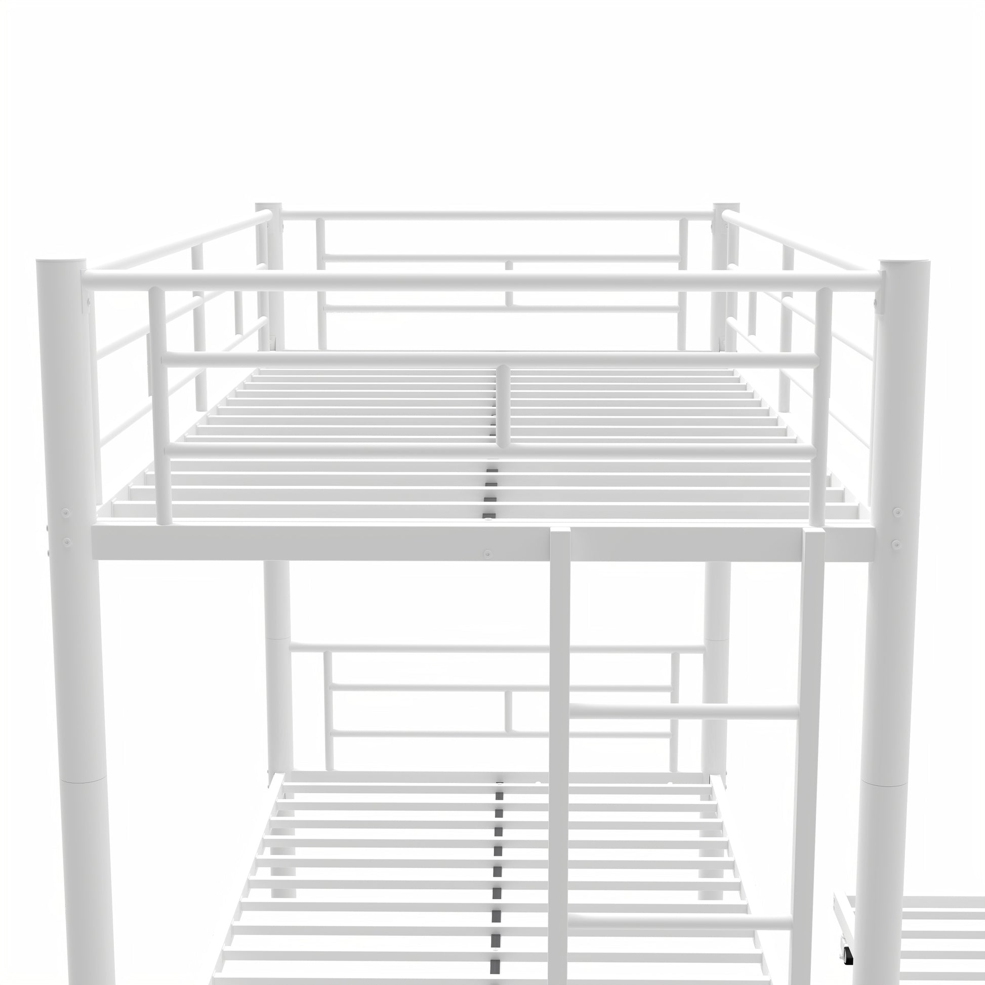 Heavy Duty Sturdy Meta Twin Over Twin With Trundle Bunk Bed L Noise Reduced Safety Guardrail No Box Spring Needed,White Box Spring Not Required Twin White Metal