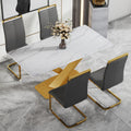 Table And Chair Set, The Table Is Equipped With A Marble Patterned Mdf Tabletop And Gold Table Legs.The Chair Is Equipped With Pu Synthetic Leather High Back Cushion And Gold Coated Metal Legs. Grey Gold Seats 4 Mdf Metal