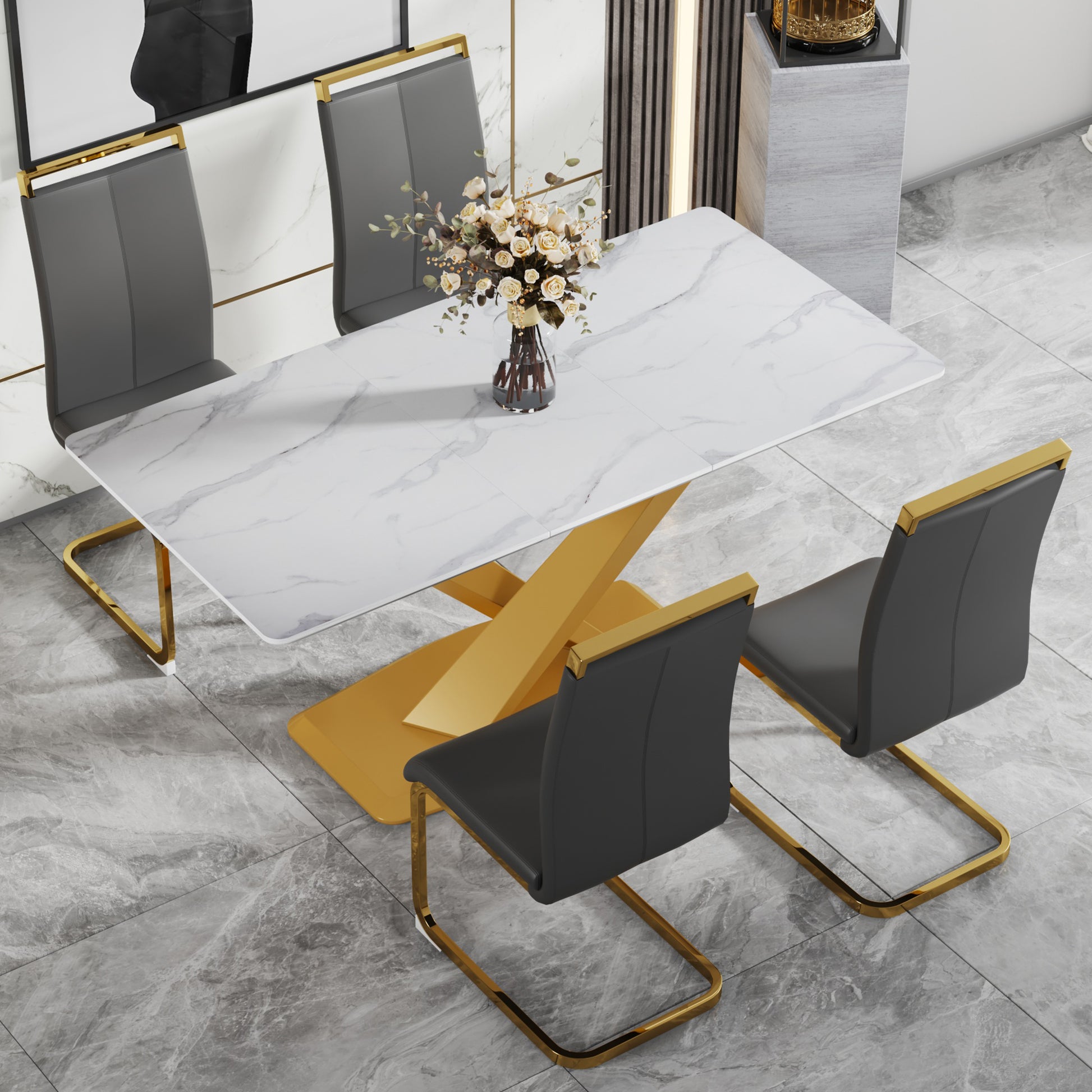 Table And Chair Set, The Table Is Equipped With A Marble Patterned Mdf Tabletop And Gold Table Legs.The Chair Is Equipped With Pu Synthetic Leather High Back Cushion And Gold Coated Metal Legs. Grey Gold Seats 4 Mdf Metal