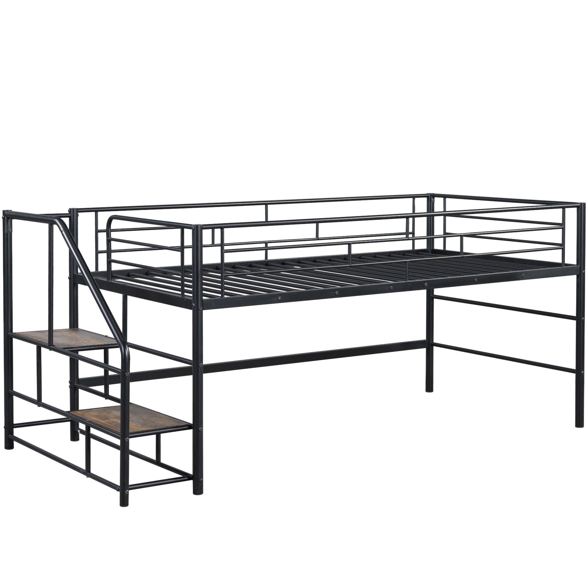 Mid Loft Bed With Storage Stairs, Twin, Black Twin Black Mdf Metal