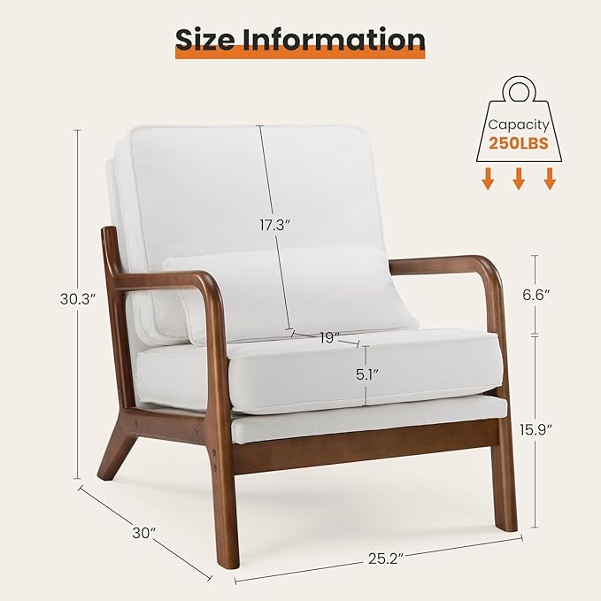 Accent Chair Mid Century Modern Chair With Pillow, Upholstered Lounge Arm Chairs, Linen Fabric Comfy Reading Chair With Wood Frame, Side Chair For Living Room, Beige Beige Linen