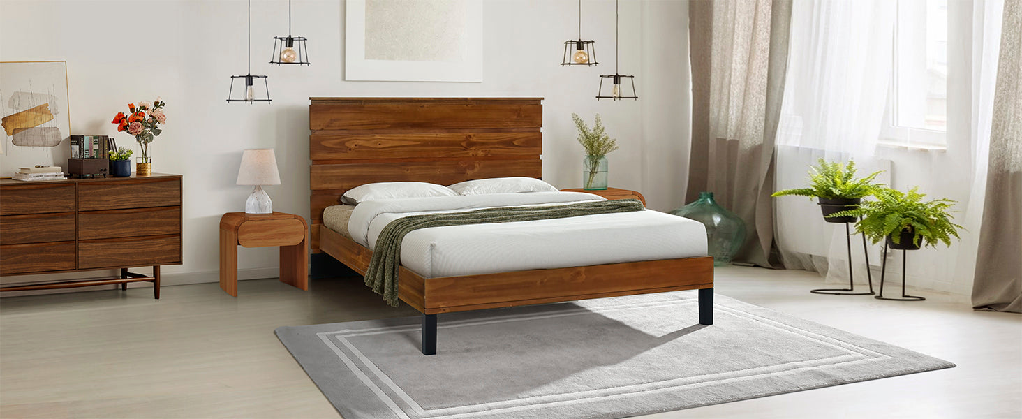 Mid Century Modern Solid Wood Bed Frame King Size Platform Bed With Six Piece Headboard Design, No Box Spring Needed, Brown King Brown Pine