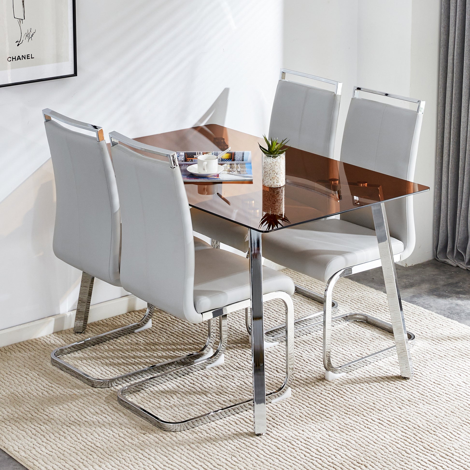 1 Table And 4 Chairs, Brown Tempered Glass Tabletop And Silver Metal Legs, Modern Minimalist Style Rectangular Glass Dining Table, Paired With 4 Modern Silver Metal Leg Chairs. 1123C 1162 Brown Seats 4 Glass