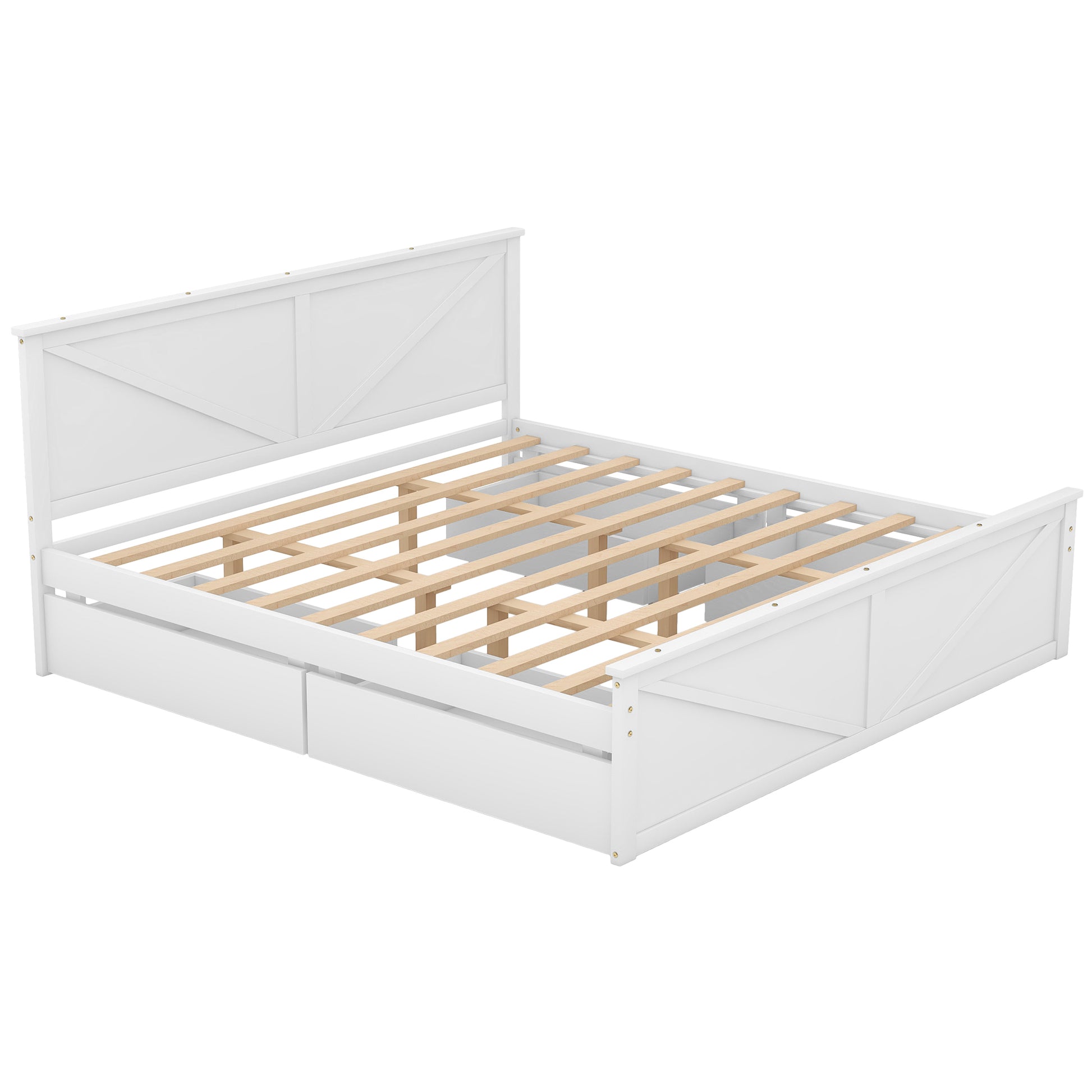 King Size Wooden Platform Bed With Four Storage Drawers And Support Legs, White King White Pine
