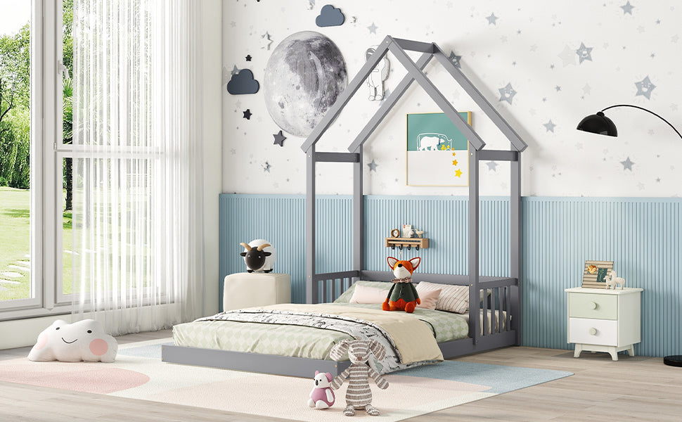 Full Roof Framed Headboard Floor Bed With Headboard Guardrails, Without Slats ,Grey Full Grey American Design Pine