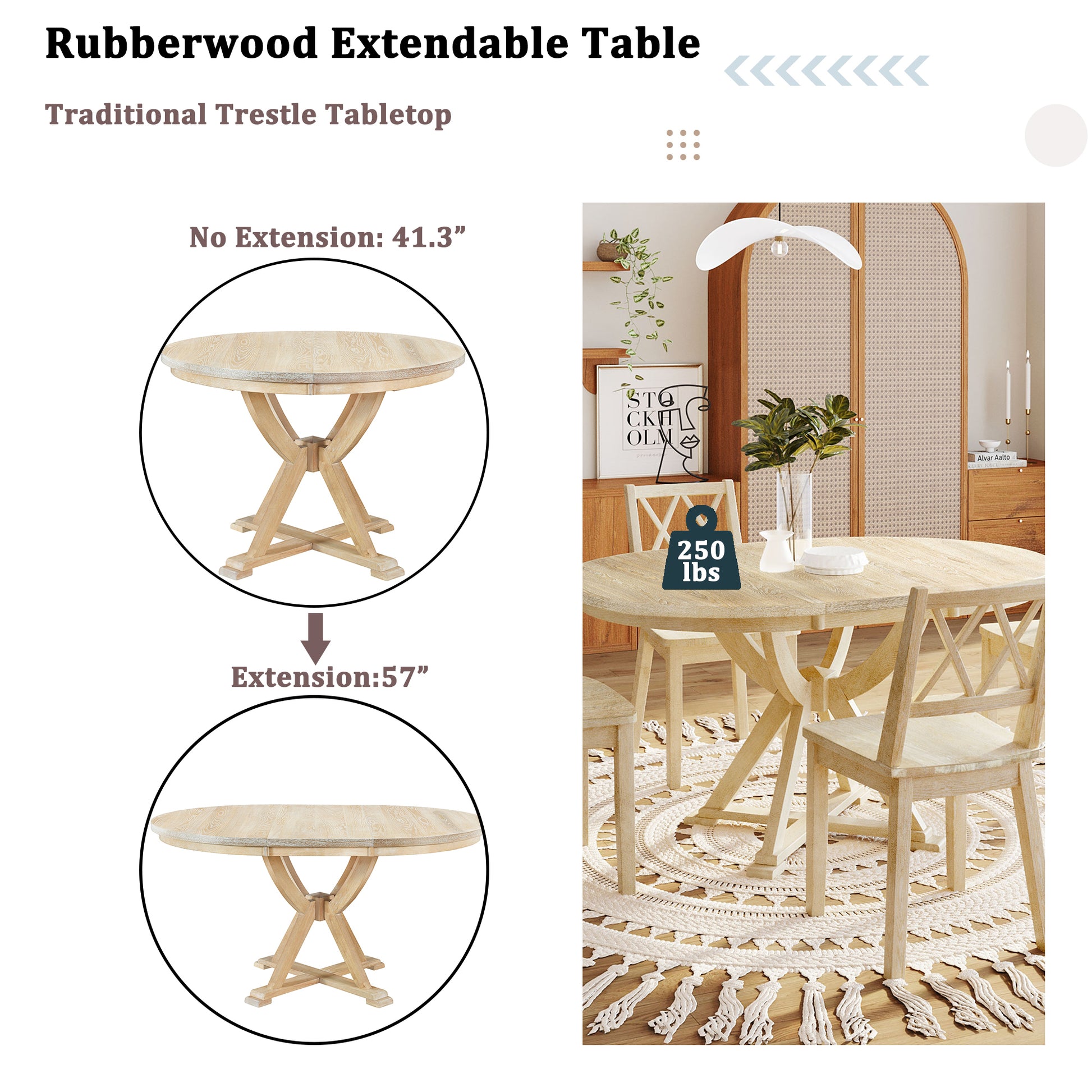 Mid Century 5 Piece Extendable Round Dining Table Set With 15.7" Removable Leaf And 4 Cross Back Dining Chairs, Natural Wood Dining Room Extendable Rubberwood Oval Dining Table With Chair Wood Wood Natural Seats 4 Removable Leaf Mid Century Modern Oval
