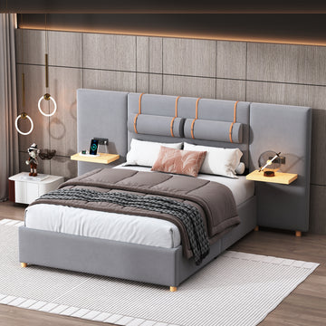 Full Size Upholstered Platform Bed With Two Outlets And Usb Charging Ports On Both Sides, Two Bedside Pillows, Storage Shelf, Velvet,Gray Full Gray Mdf Lvl