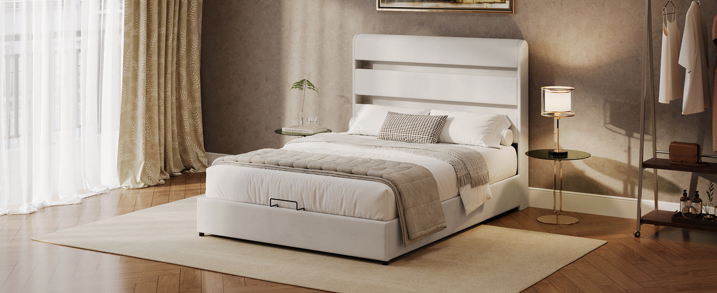 Upholstered Platform Full Size Hydraulic Storage Bed, Lift Up Storage Bed With Rgb Led Light Headboard, No Box Spring Needed,Velvet,Beige Full Beige Velvet Wood Metal