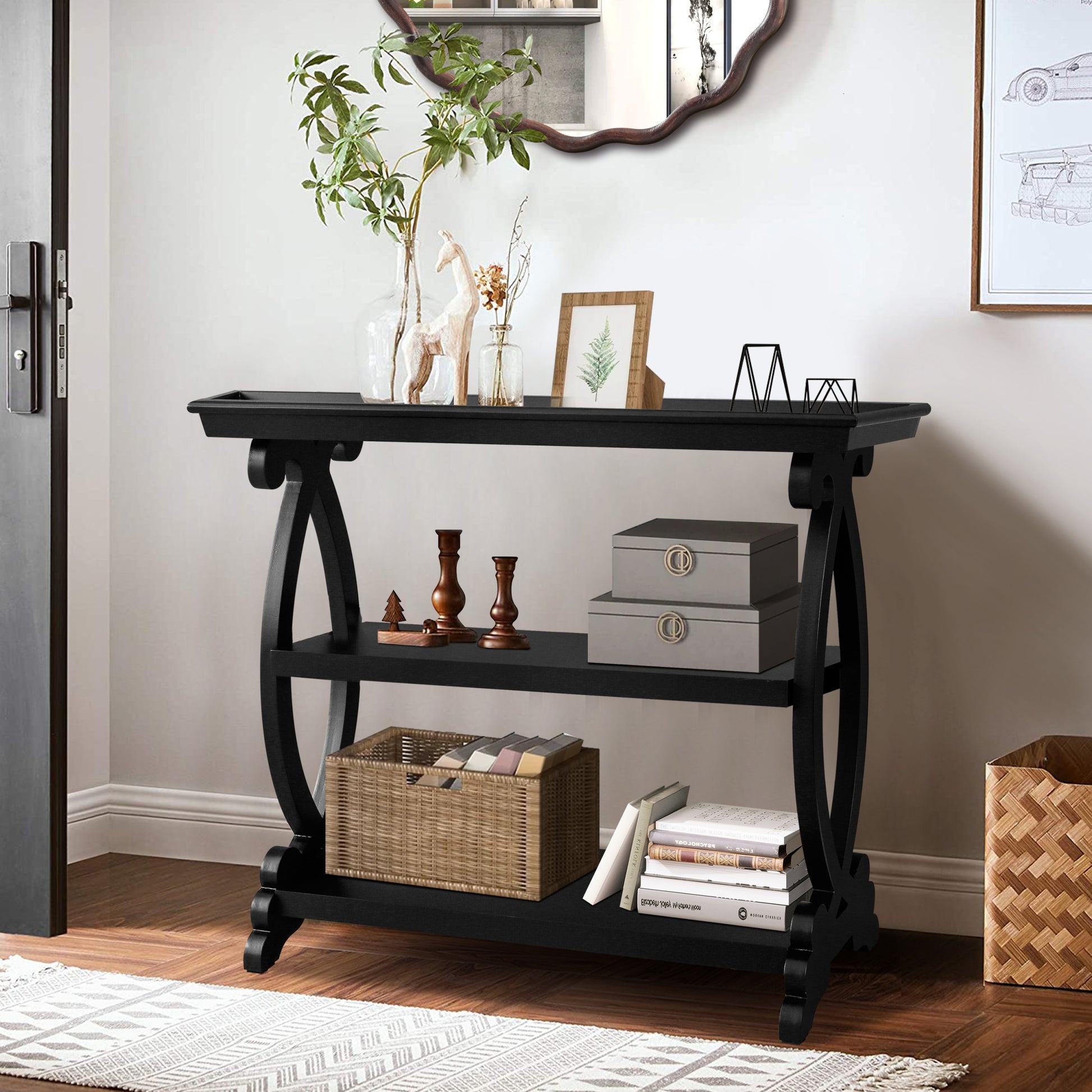 Newport Console Table For Living Room,Kitchen,Entyway Black Antique Black Desk Top Primary Living Space Floor Mount Open Storage Console Tables Lacquered Solid Wood Mdf Mdf