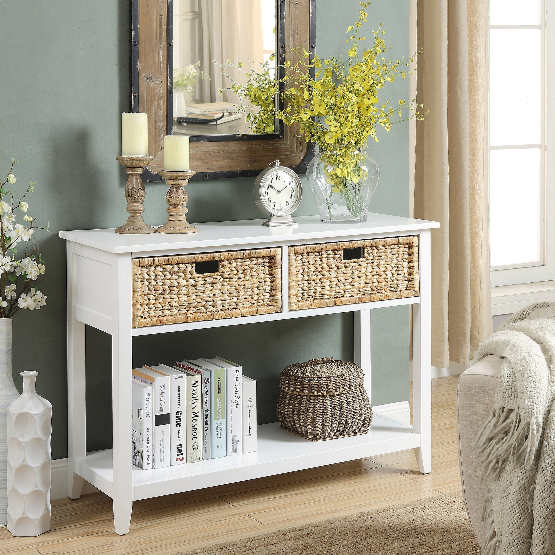 White Console Table With 2 Drawer White White Primary Living Space Traditional Drawers Rectangular Wood