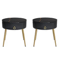 19.6'' Easy Assembly End Tables With High Gloss Faux Marble Tabletops, Set Of 2, Modern Fluted 2 Side Tables With Drawers, Round Coffee Tables With Golden Legs For Living Room, Black Black Gold Primary Living Space Drawers Round Mdf Iron
