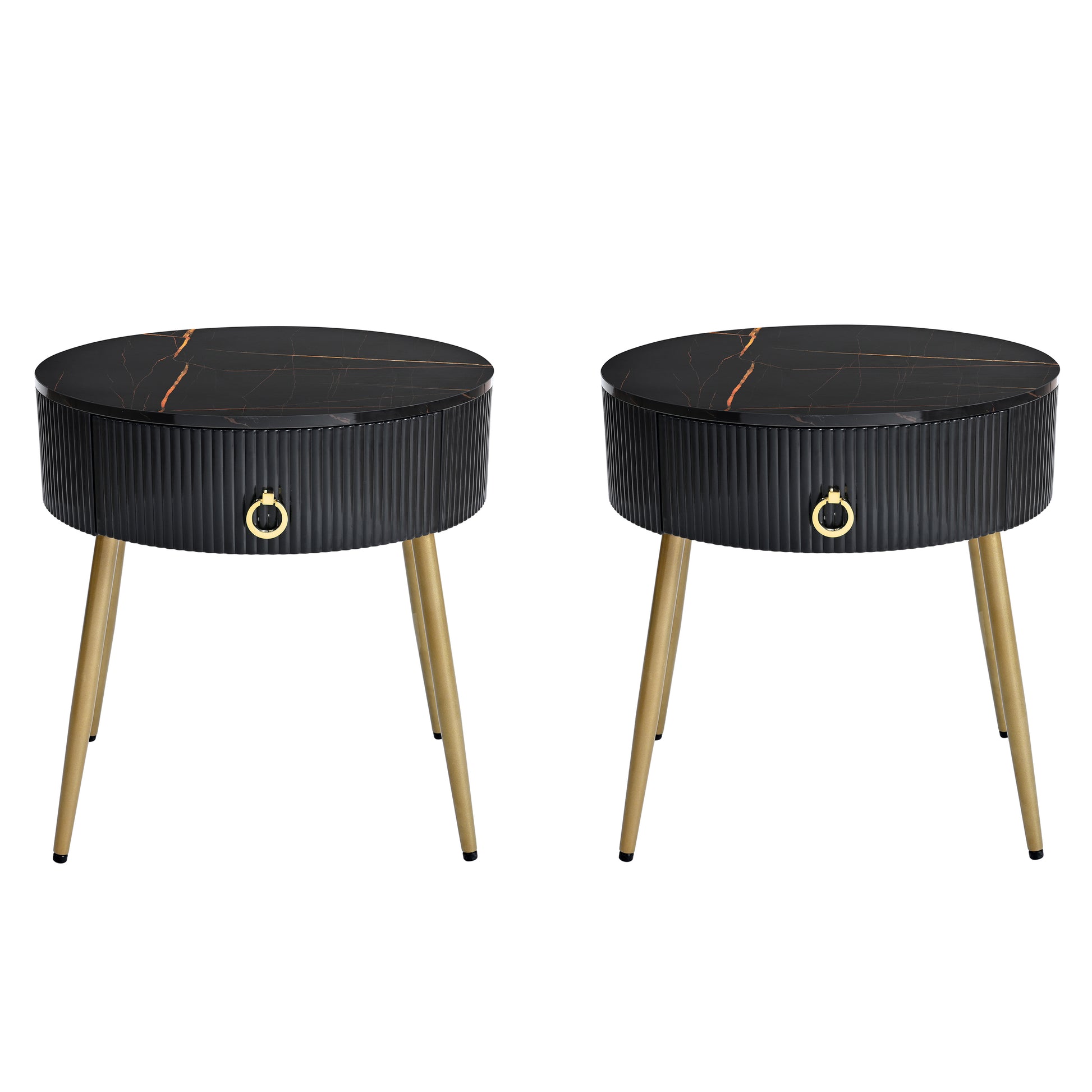 19.6'' Easy Assembly End Tables With High Gloss Faux Marble Tabletops, Set Of 2, Modern Fluted 2 Side Tables With Drawers, Round Coffee Tables With Golden Legs For Living Room, Black Black Gold Primary Living Space Drawers Round Mdf Iron
