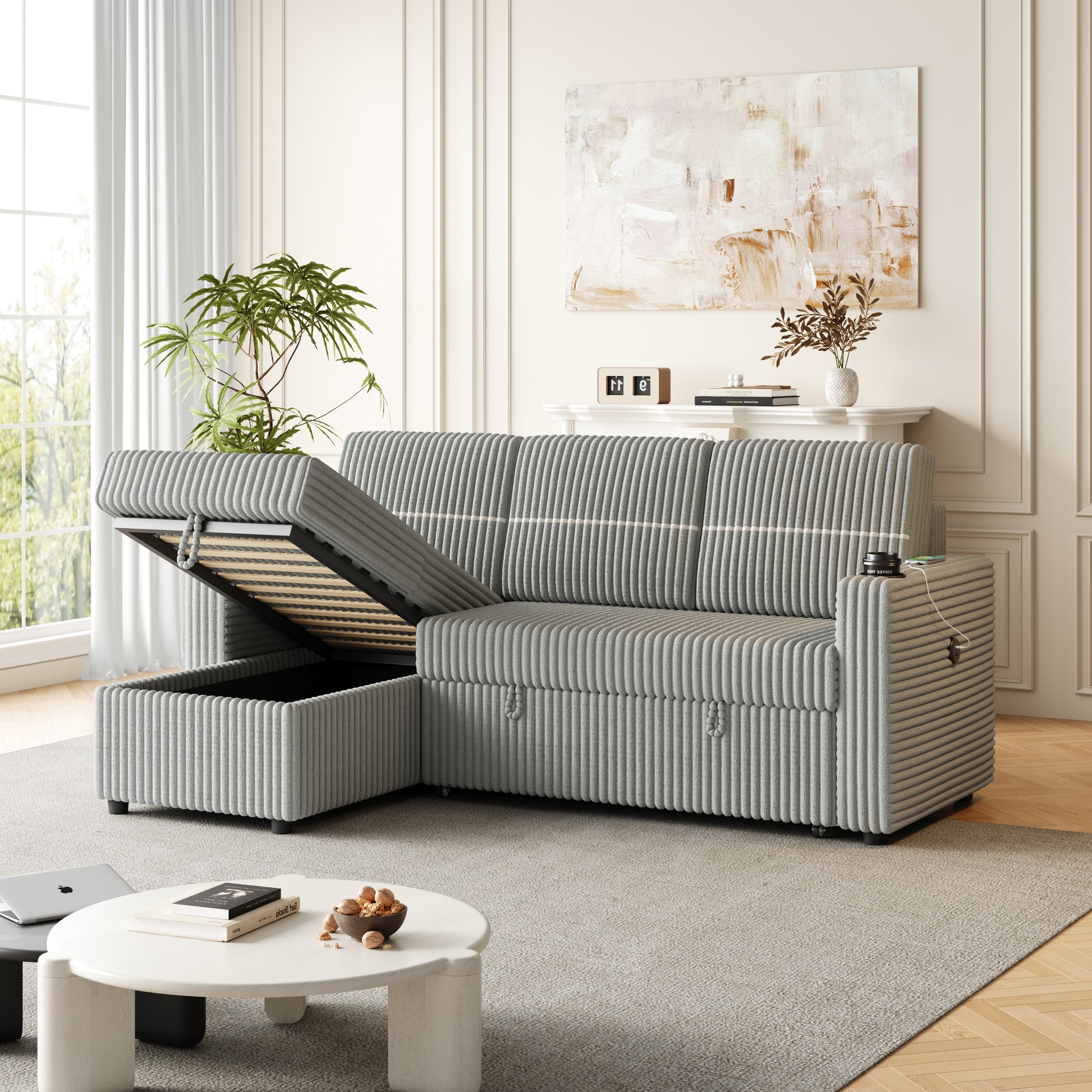 85 Inches Corduroy Sofa Bed, 3 Seater Sleeper Sofa With Storage Chaise, Square Handrail With Two Cup Holder And Usb Charge Port, Pull Out Couch For Living Room Light Grey Corduroy 3 Seat