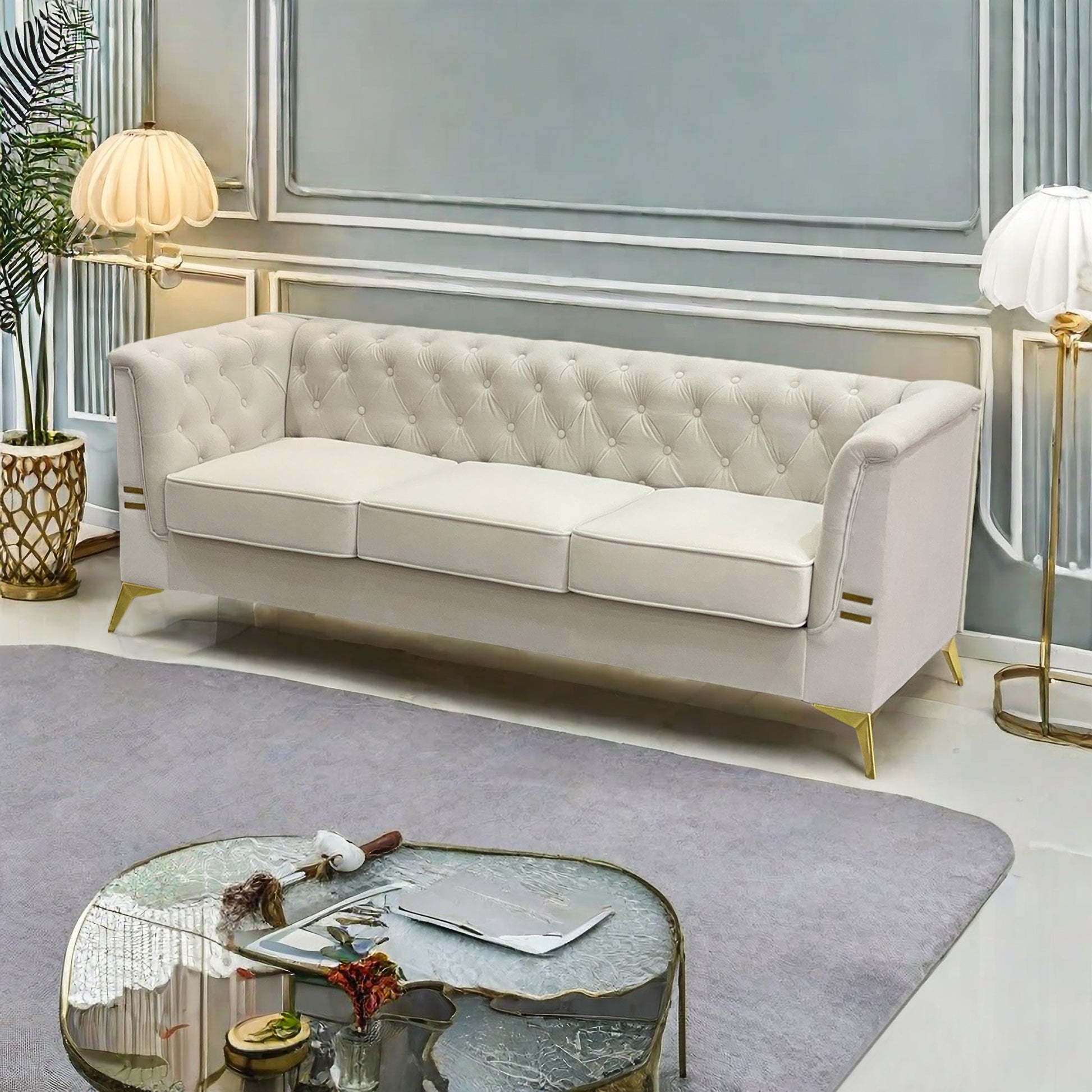 Fx P83 Cw Sofa Modern Velvet Living Room Chesterfield Design 82.7Inch Wide Sofa Cream White Color Beige Velvet 3 Seat
