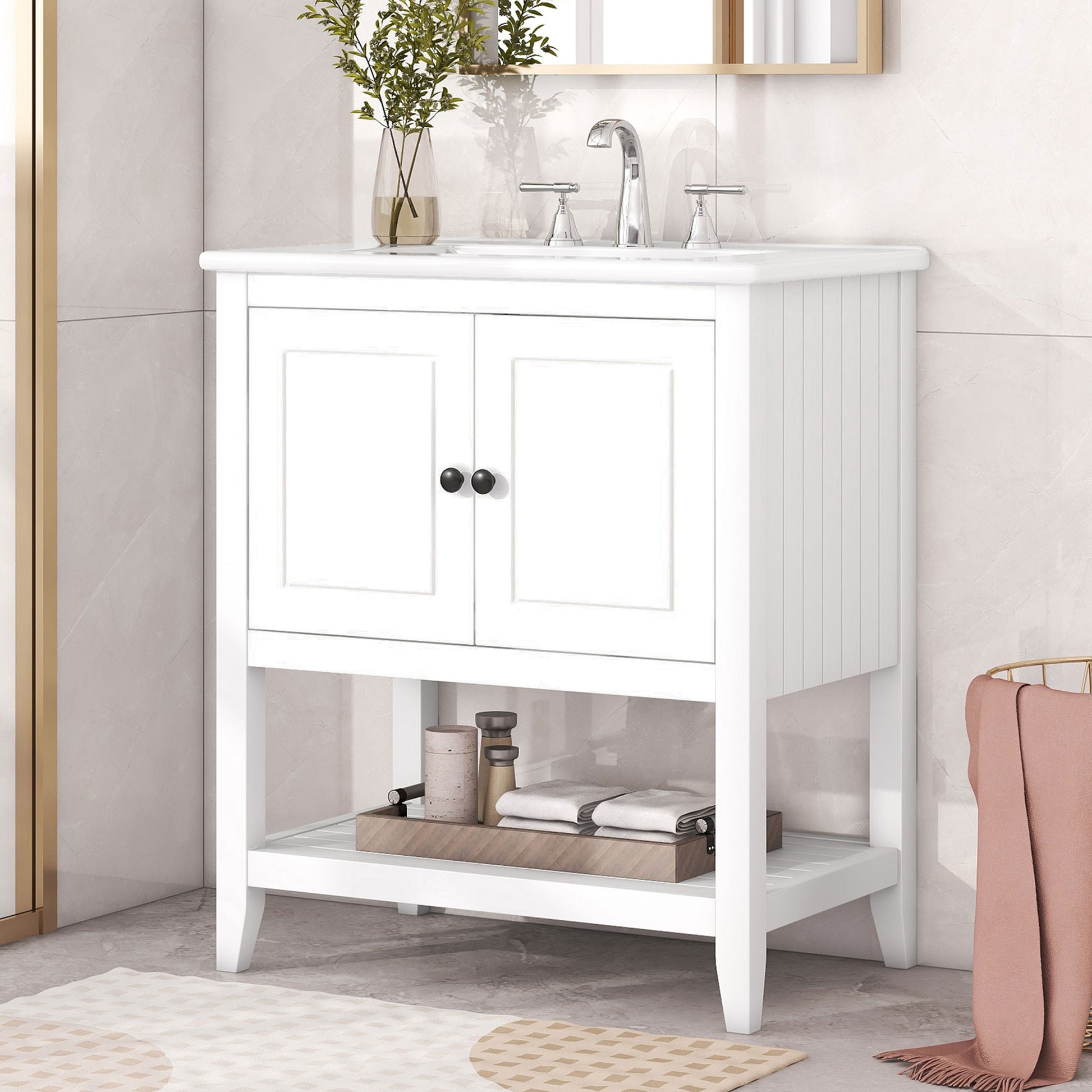 30" White Modern Sleek Bathroom Vanity Elegant Ceramic Sink With Solid Wood Frame Open Style Shelf & Door Shelf Design White Solid Wood