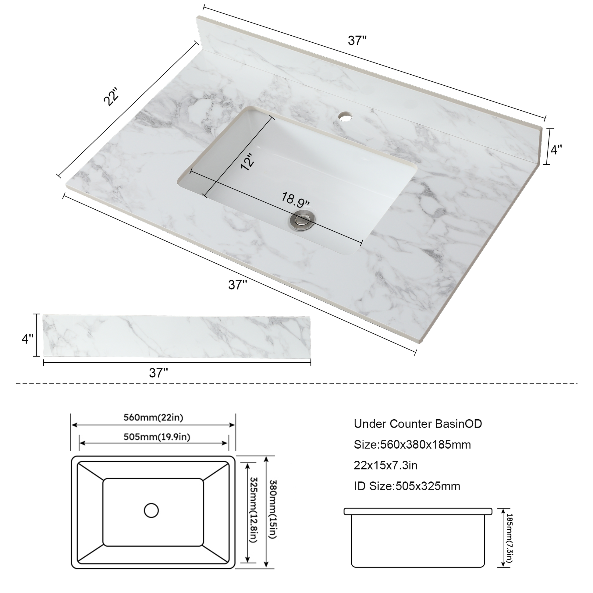 37"X22"Bathroom Vanity Top,Sintered Stone Carra Whitebarthroom Vanity Sink Tops With Rectangular Undermount Ceramic Sink With Vanity Backsplash, Single Faucet Hole Bathroom Vanity Countertop White