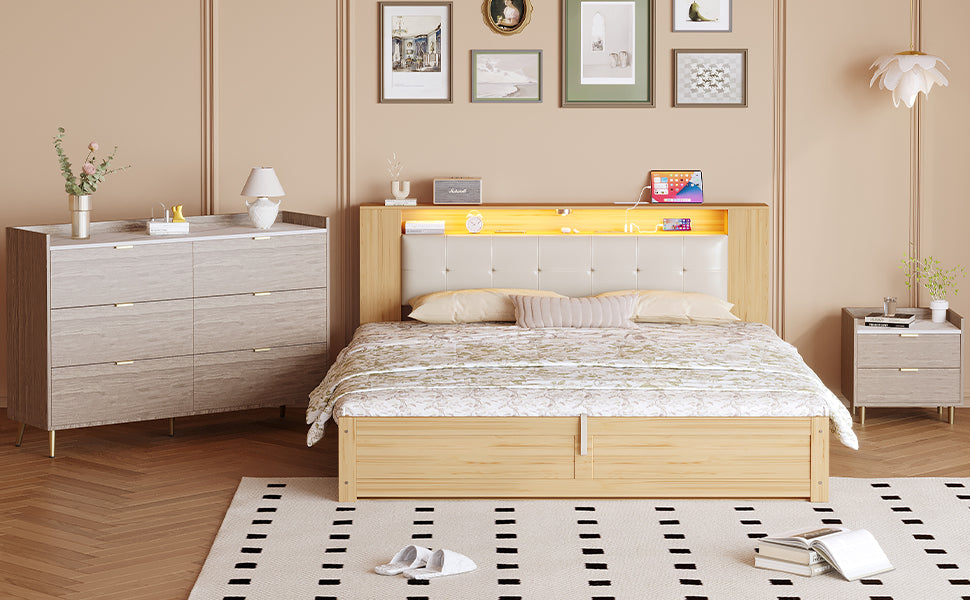 3 Pieces Bedroom Sets Queen Size Tufted Upholstered Platform Bed With Motion Activated Night Lights And Usb Charger, Modern Storage Nightstand And Dresser, Natural Queen Natural 3 Piece Set Wood