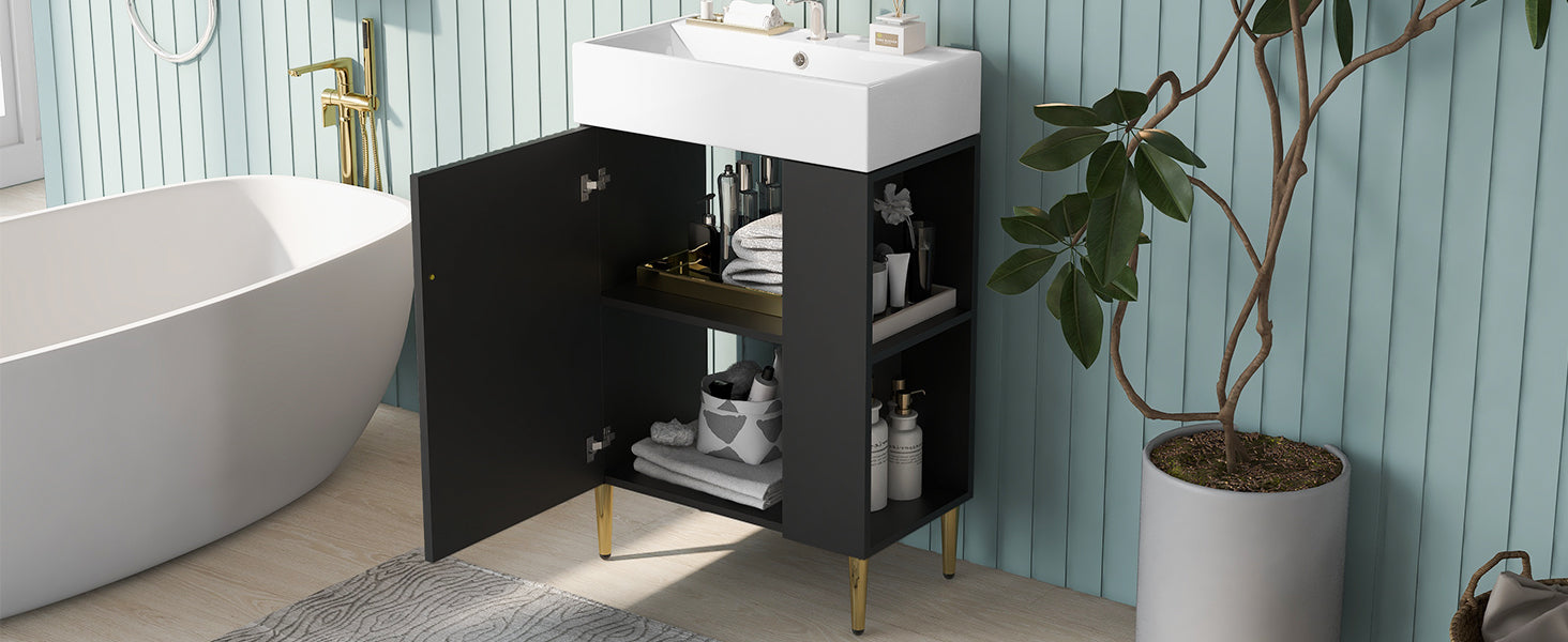 21.6" Black Bathroom Vanity, Combo Cabinet, Bathroom Storage Cabinet, Single Ceramic Sink, Right Side Storage Black Bathroom Ceramic Mdf