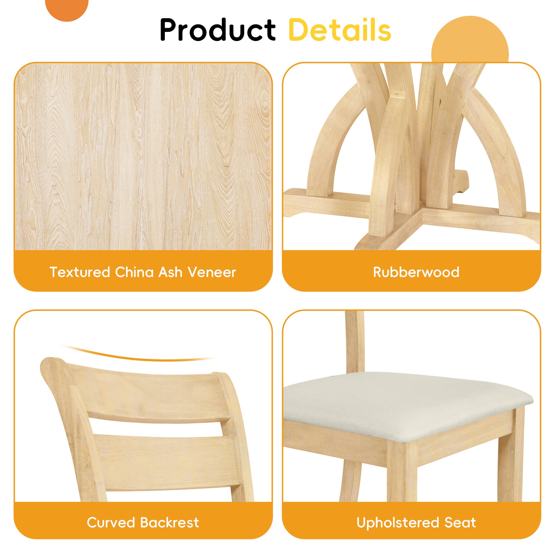 5 Piece Farmhouse Round Pedestal Extending Dining Table Set Extendable Kitchen Table Set With 15.8" Removable Leaf And Ladder Back Dining Chairs For Small Places, Natural Wood Dining Room Extendable Rubberwood Oval Dining Table With Chair Upholstered