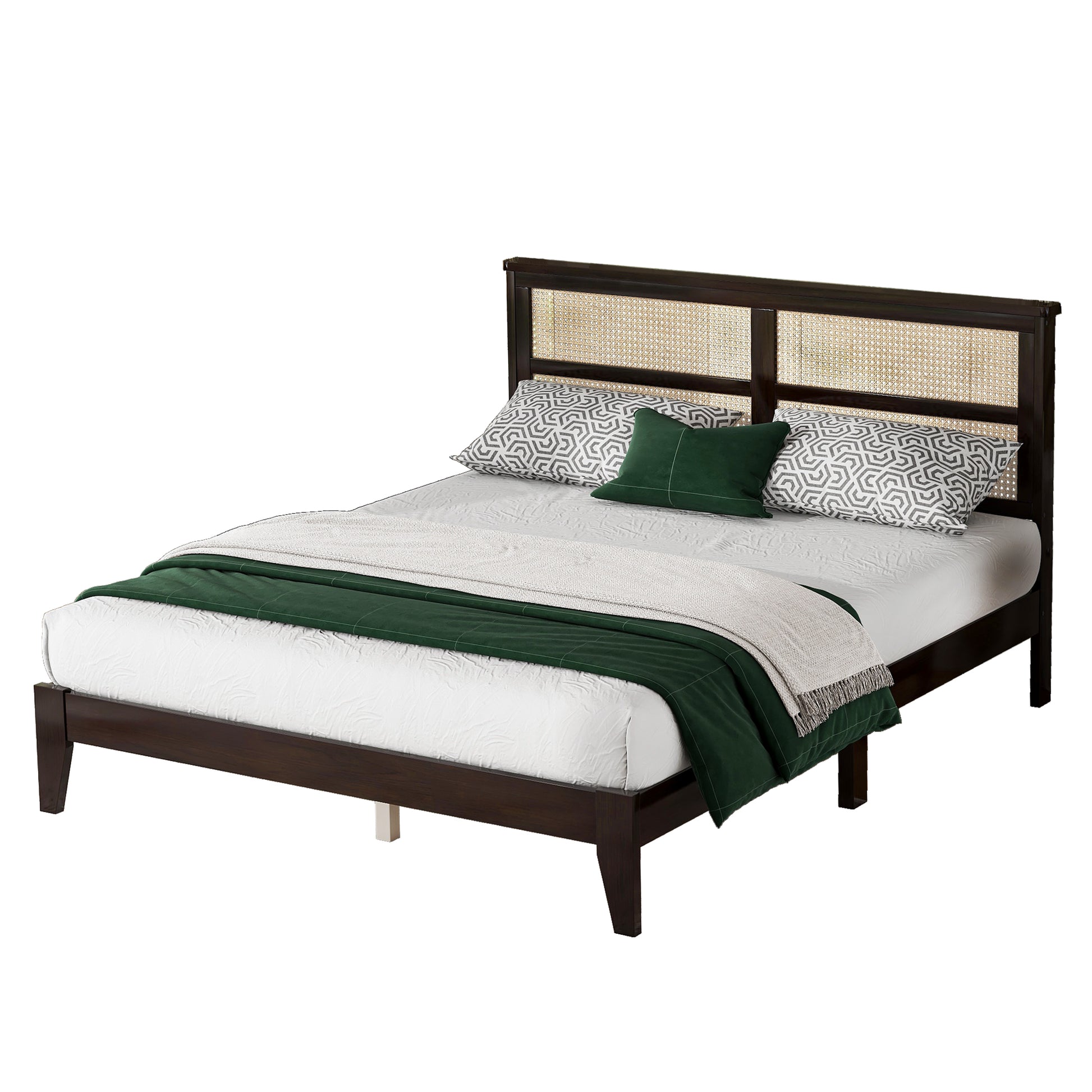 Queen Size Rubber Wooden, Solid Wooden Bed With Rattan Headboard, Enhanced By Support Feet,Espresso Queen Espresso Rubber Wood