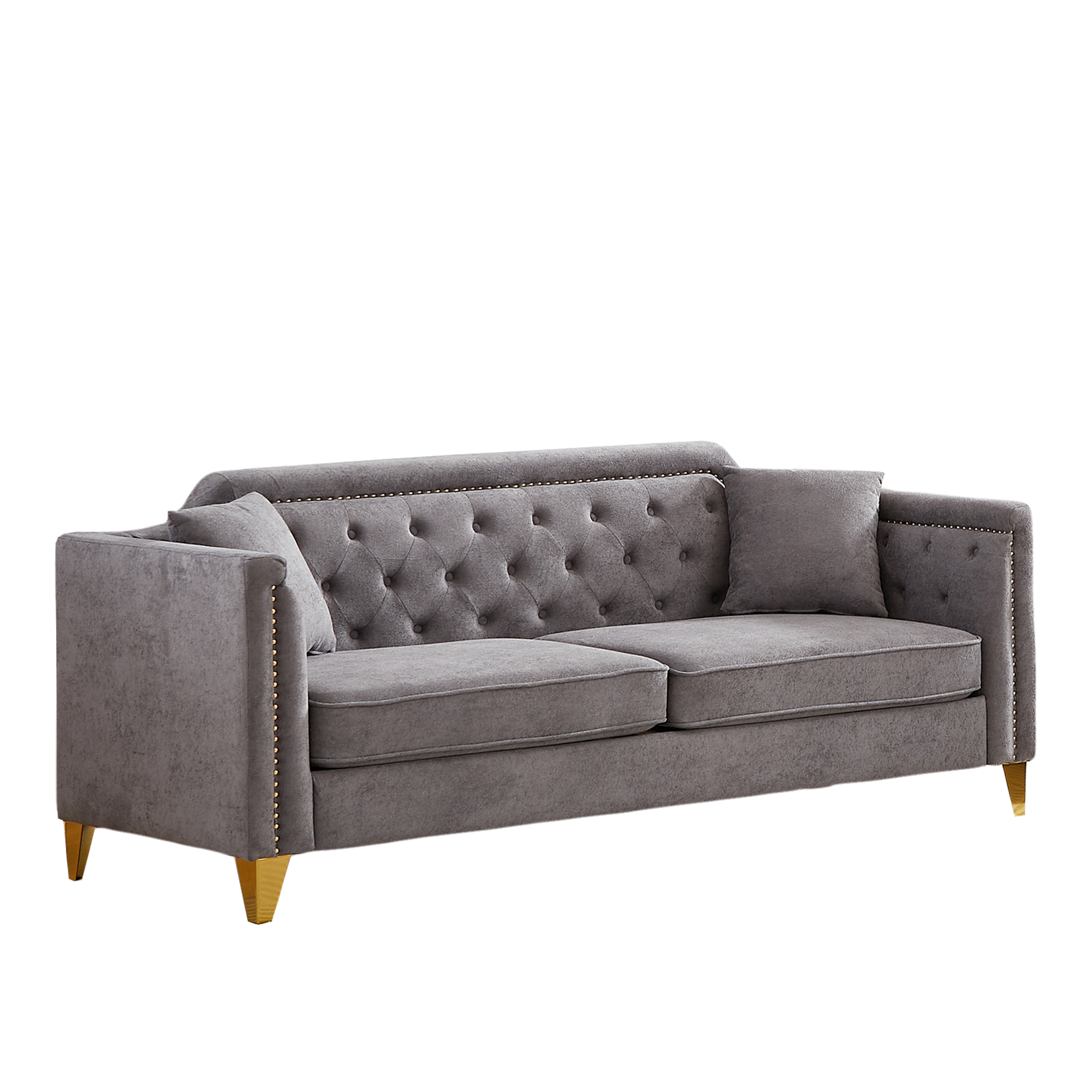 Fx 81"Mid Century Design Modern Sofa,Chenille Pull Buckle Design Sofa For Living Room,Buttons Tufted With Copper Nail Decoration Armrest, With 2 Pillows,Modern Couch Upholstered Button And Metal Leg Grey Chenille Pine Foam Fabric 3 Seat