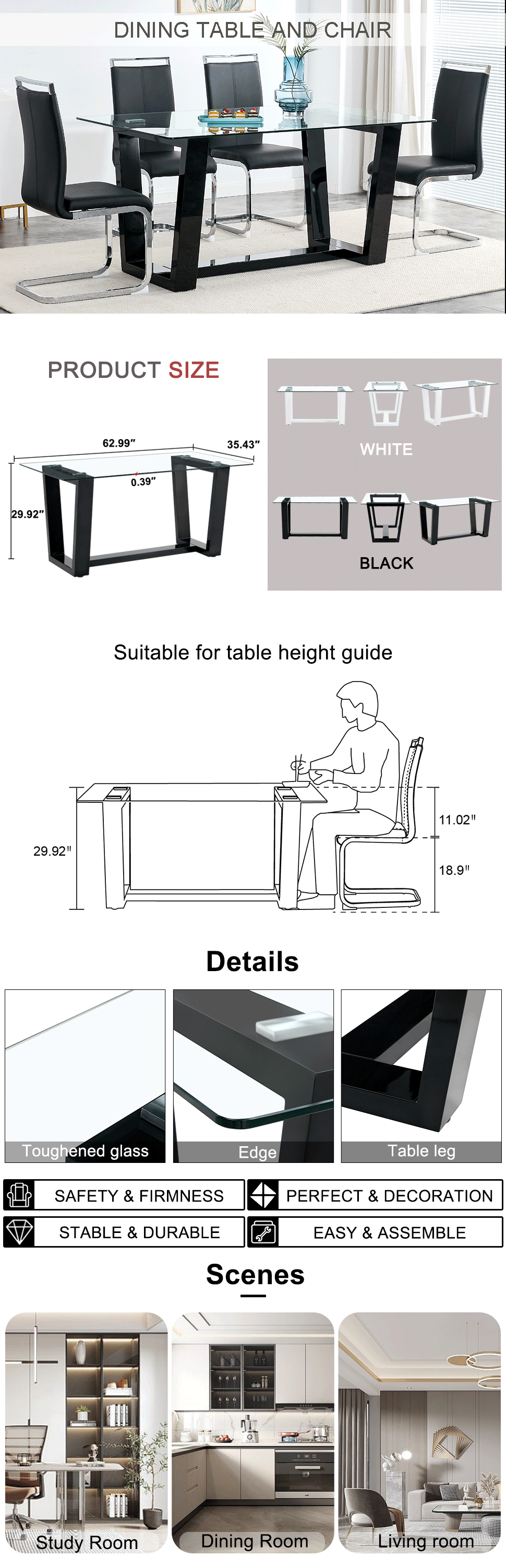 Seating 6 8 People, This Modern, Minimalist Rectangular Dining Table Features A Tempered Glass Top And A Sleek Black Mdf Stand. Suitable For Kitchen, Dining Room, Living Room, Meeting Room Transparent Mdf Glass