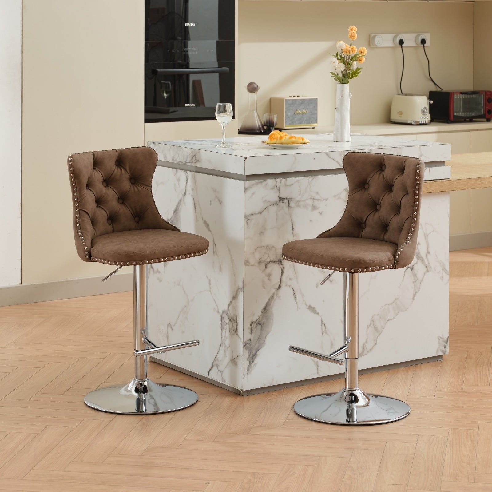 Swivel Pu Leather Barstools Adjusatble Seat Height From 25 33 Inch, Chrome Base Bar Stools With Backs Comfortable Tufted For Home Pub And Kitchen Island, Beige,Set Of 2,1512Br Brown Dining Room American Design Bar Stools Wing Back Set Of 2 Foam Pu