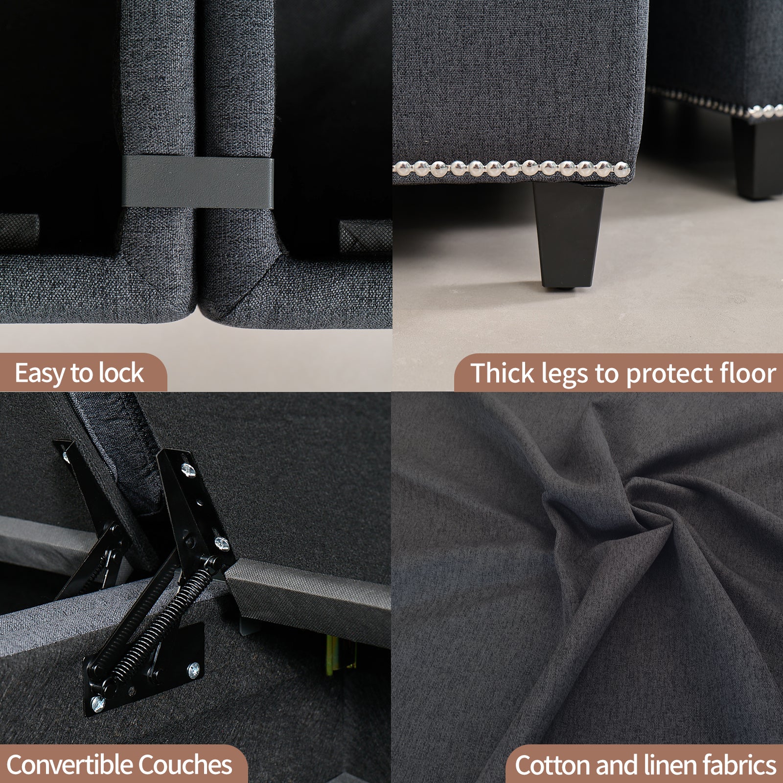 Convertible Sectional Sofa With Storage Seat 6 Seat Sofa With Reversible Chaise U Shaped Sectional Couch For Living Room,Dark Grey Black Fabric 6 Seat