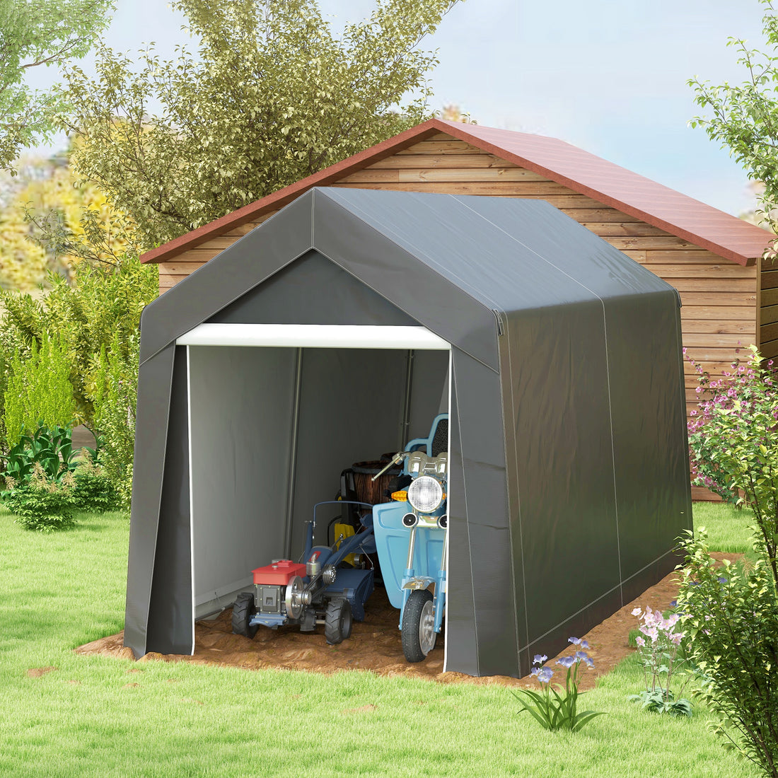 Outsunny 7' X 12' Garden Storage Tent, Heavy Duty Outdoor Shed, Waterproof Portable Shed Storage Shelter With Ventilation Window And Large Door For Bike, Motorcycle, Garden Tools, Gray Gray Steel