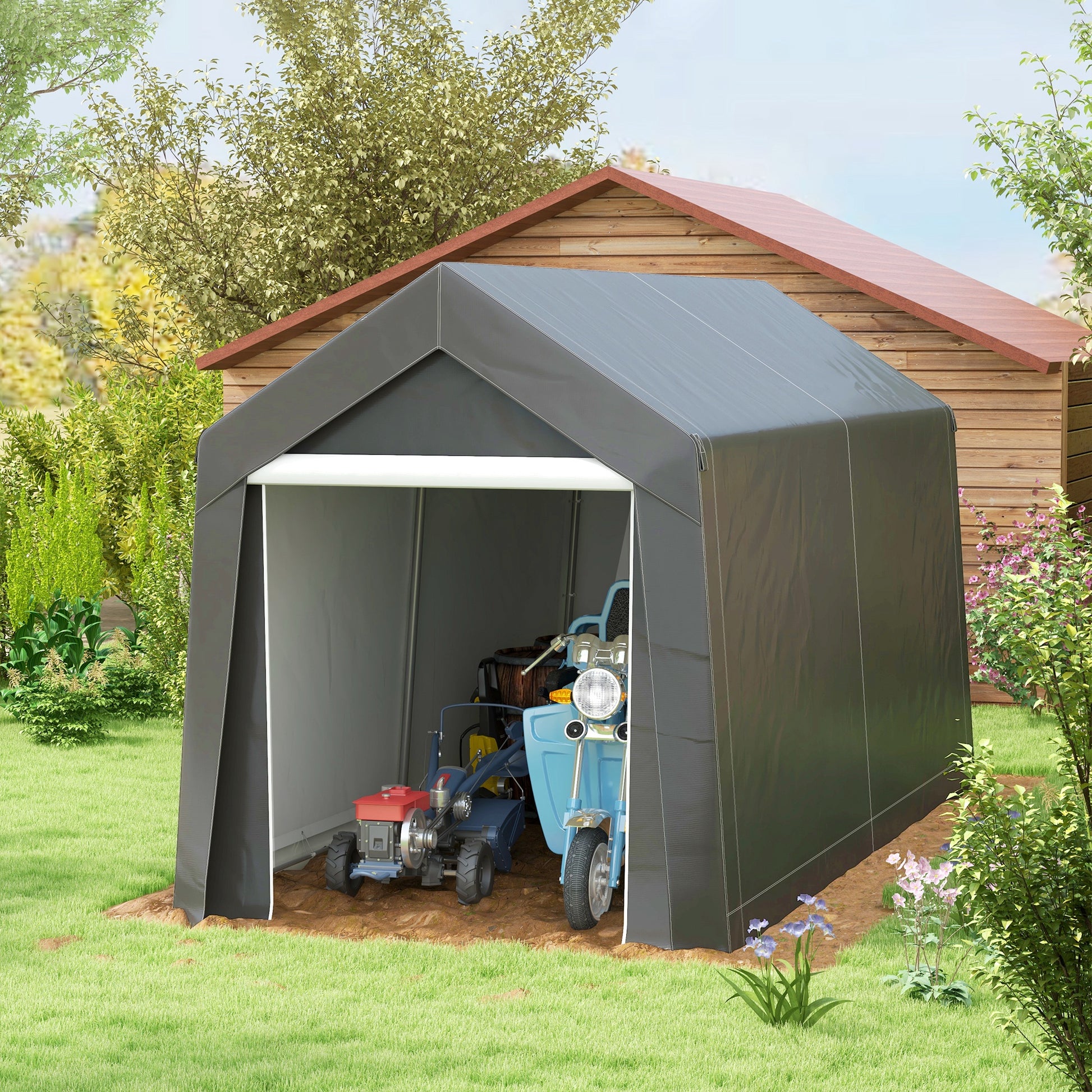 Outsunny 7' X 12' Garden Storage Tent, Heavy Duty Outdoor Shed, Waterproof Portable Shed Storage Shelter With Ventilation Window And Large Door For Bike, Motorcycle, Garden Tools, Gray Gray Steel