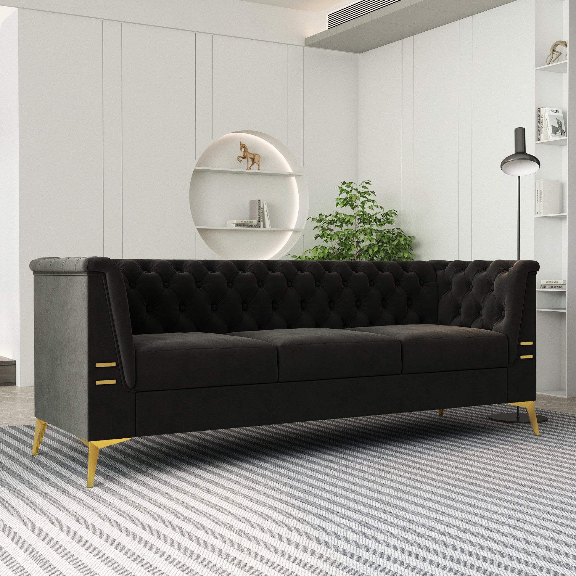 Fx P83 Bk2 Sofa Luxurious Black Velvet Sofa With Gold Legs Modern Chesterfield Design, Tufted Upholstery, 3 Seat Couch For Living Room And Office Black Velvet 3 Seat