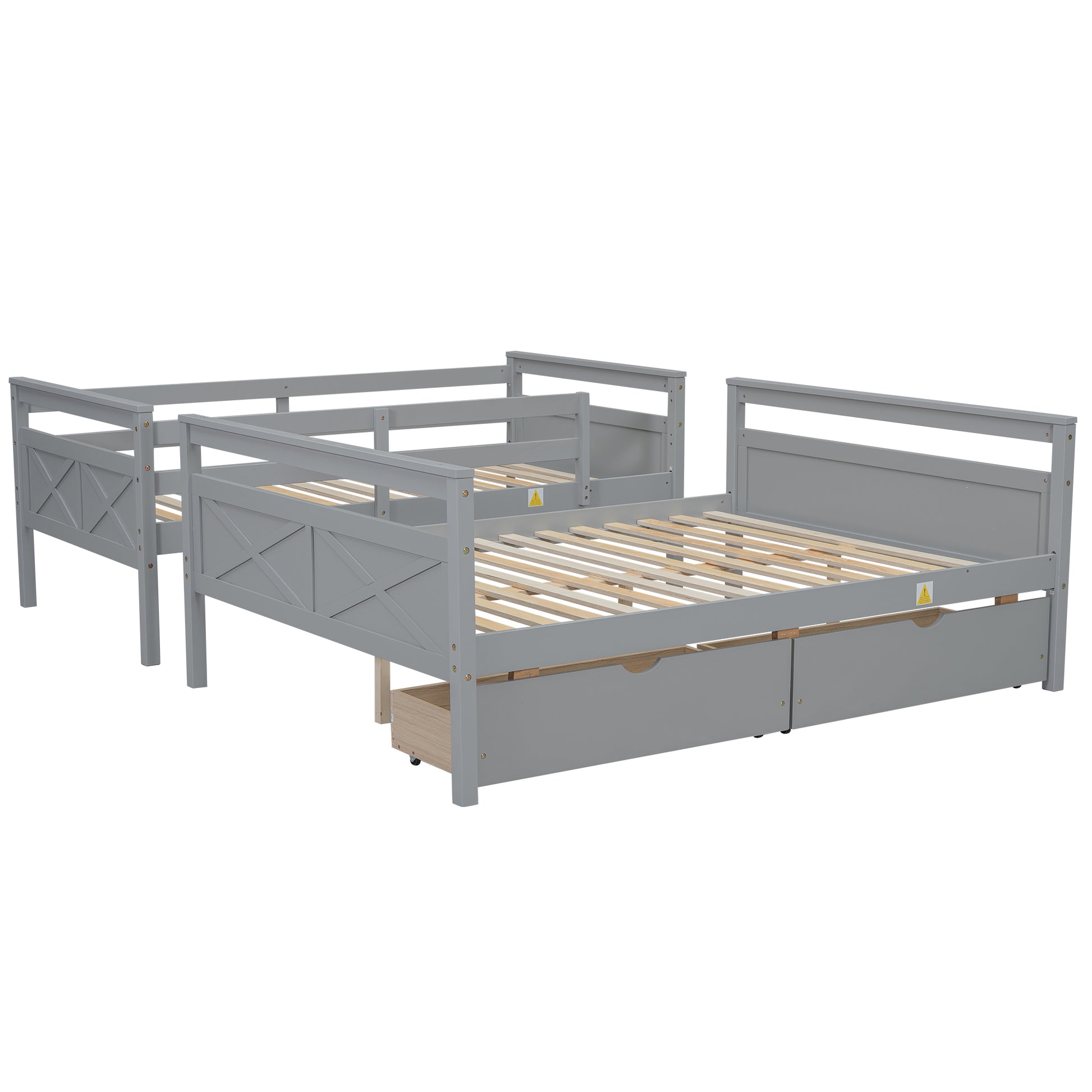 Twin Over Full Bunk Bed With Ladder, Two Storage Drawers, Safety Guardrail, Gray Box Spring Not Required Twin Gray Wood Bedroom Bunk Pine