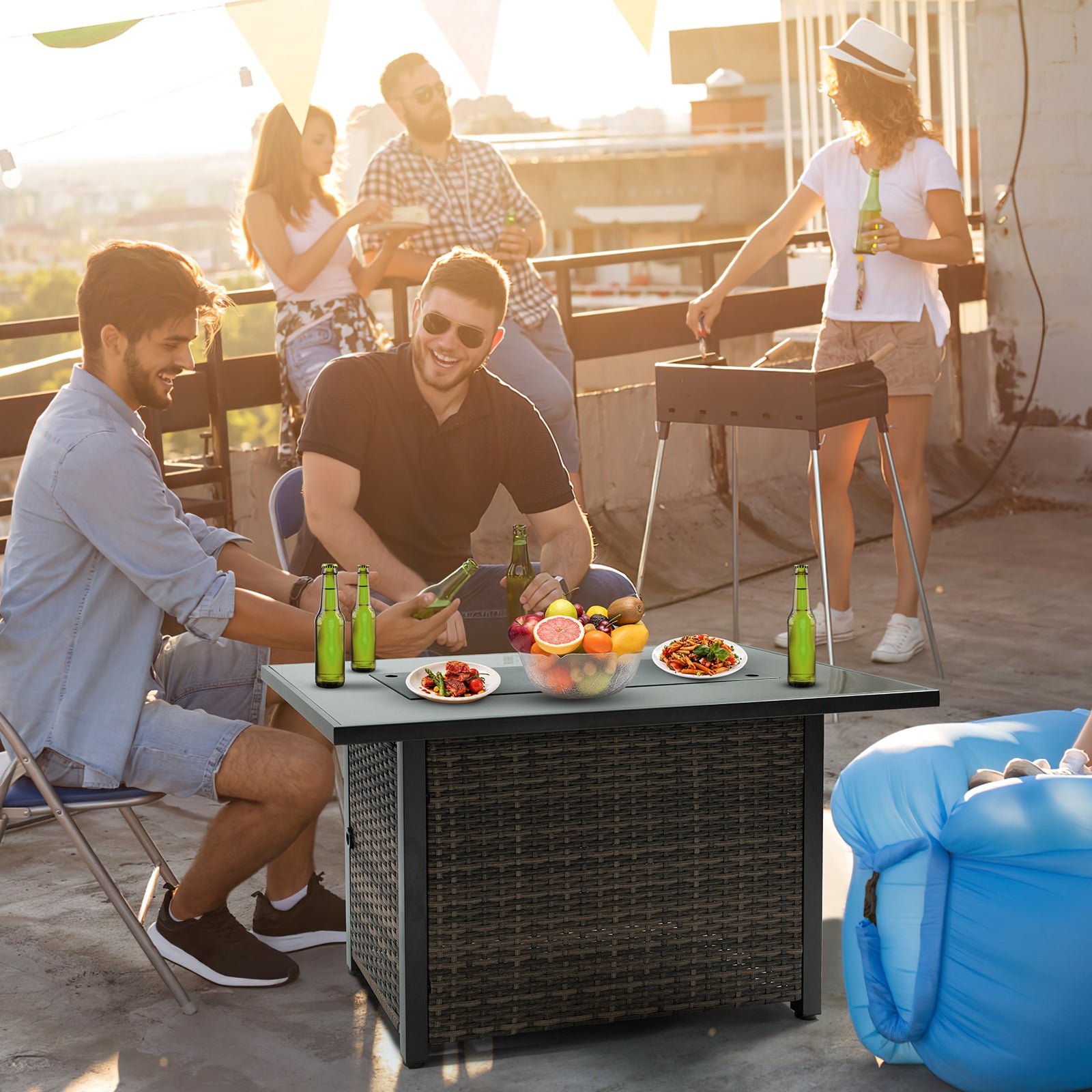 Outdoor Fire Pit 50,000 Btu Propane Gas Fire Table With Lid Fireplace With Glass Wind Guard Wicker Base For Garden, Patio, Backyard, 44" Black Brown Garden & Outdoor Modern Pe Rattan Iron,Rattan