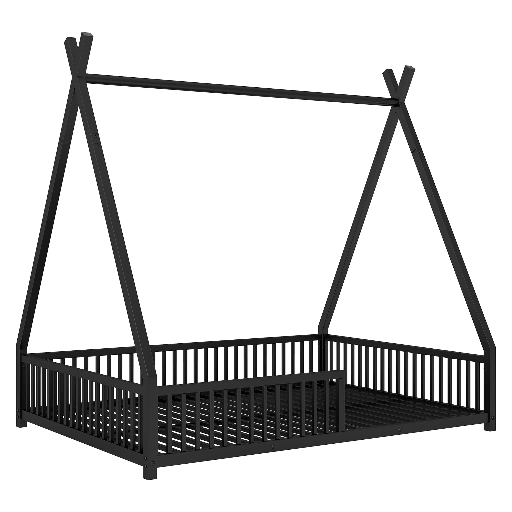 Metal Full Size House Platform Bed With Triangle Structure And Guardrail, Black Box Spring Not Required Full Black Metal Metal