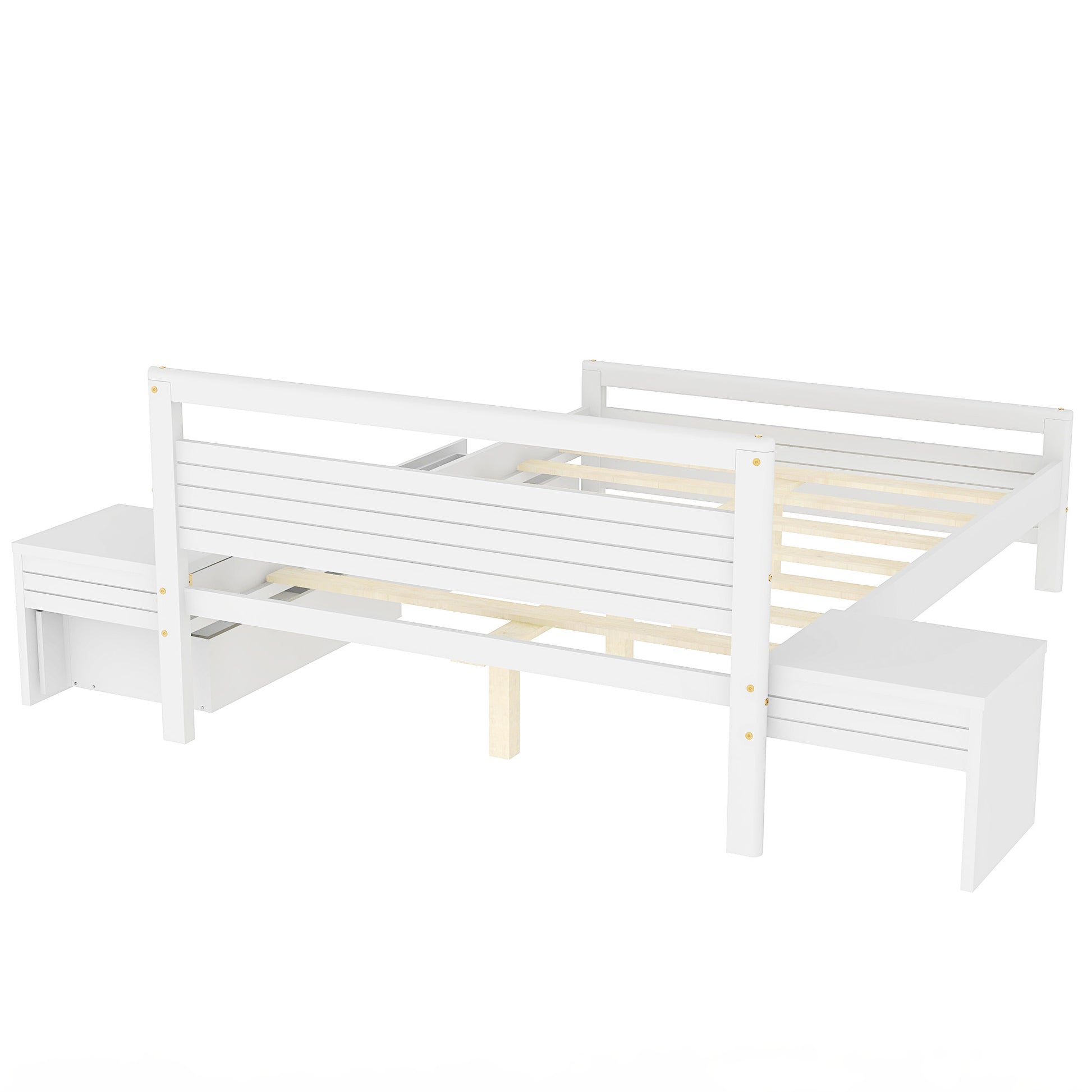 Full Size Wooden Platform Bed With 2 Storage Drawers And 2 Bedside Tables, White Full White Pine